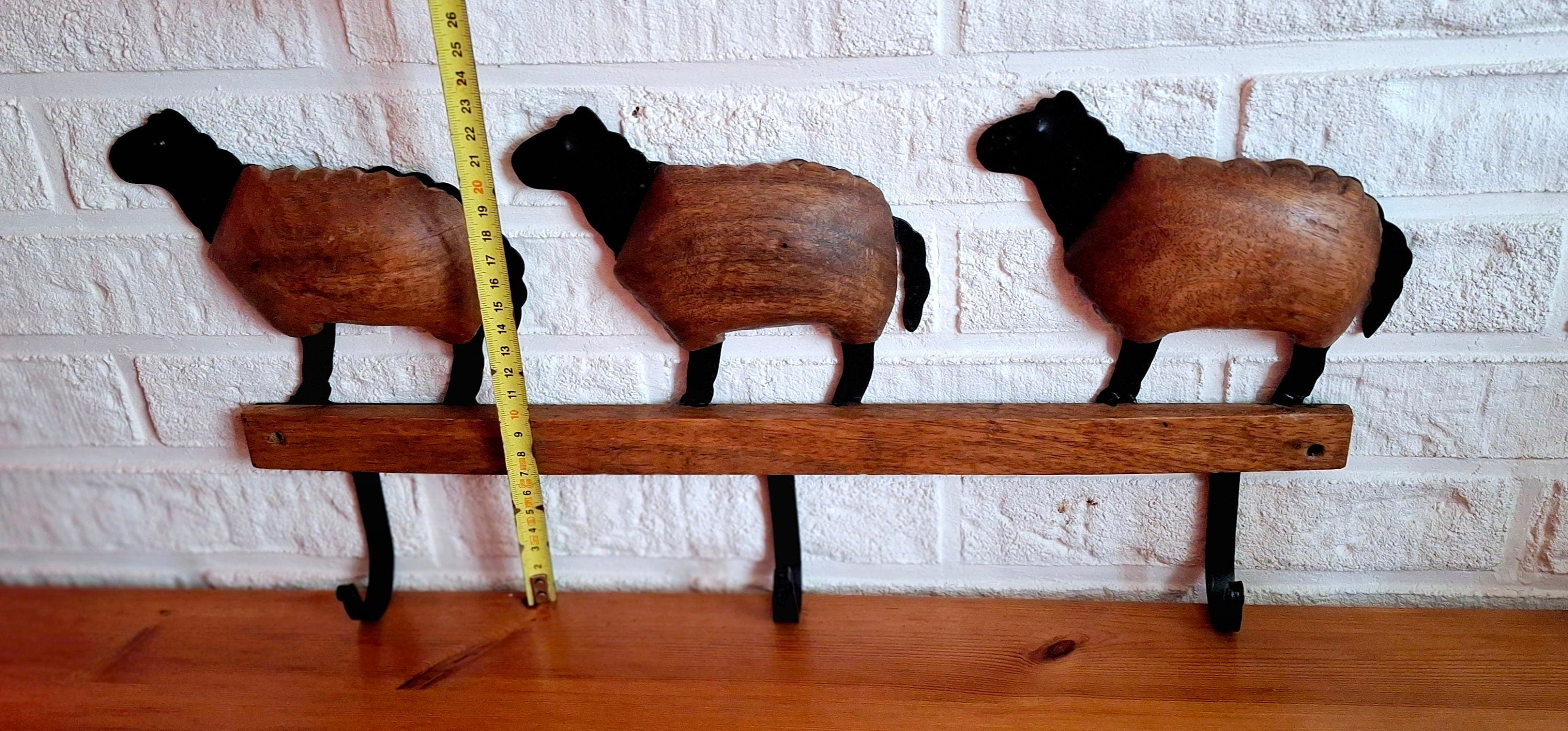 Wooden shaped sheeps with metal hooks, Vintage wooden and black metal coat hangers