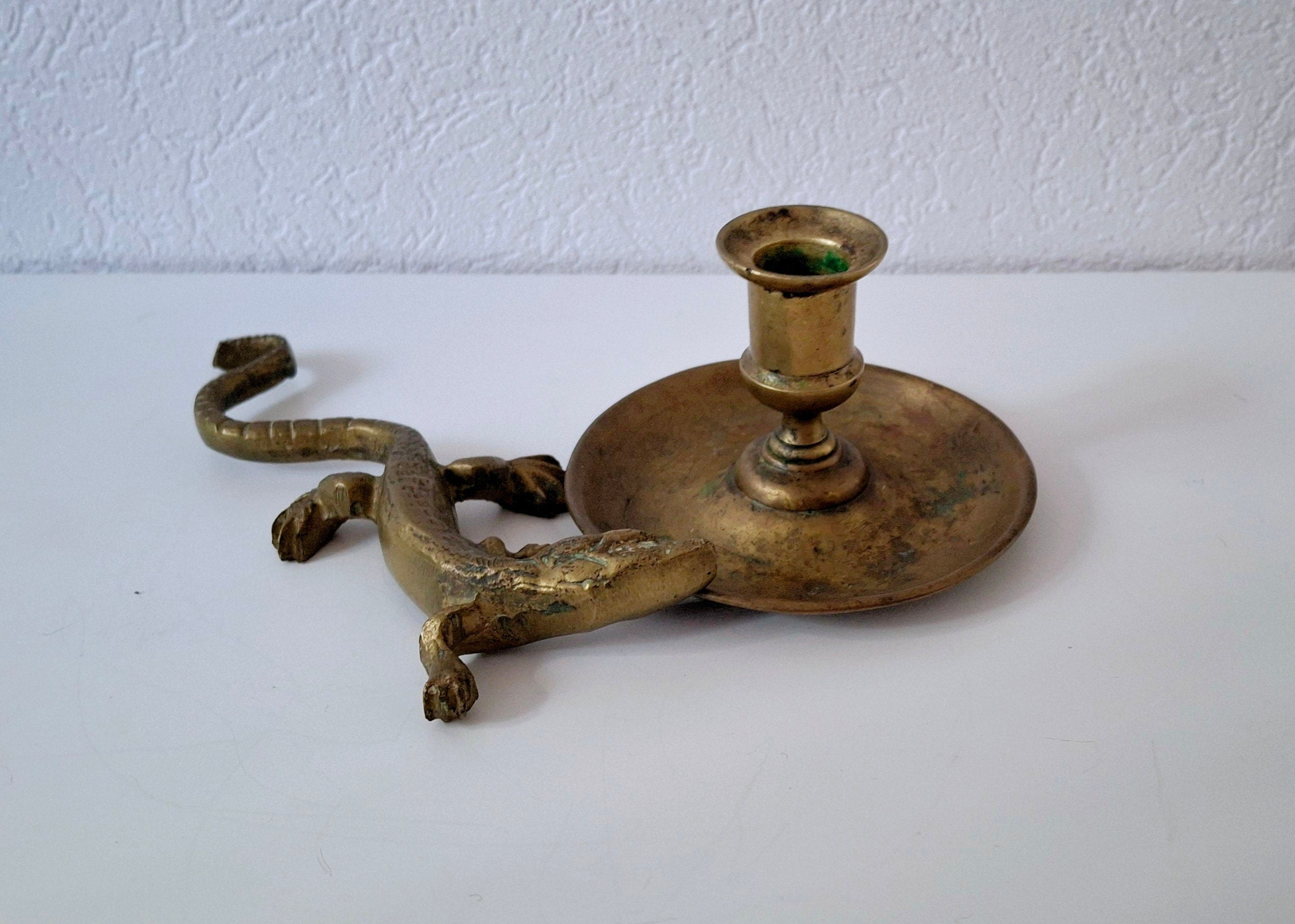 Lizard figurine and candle holder, vintage brass set