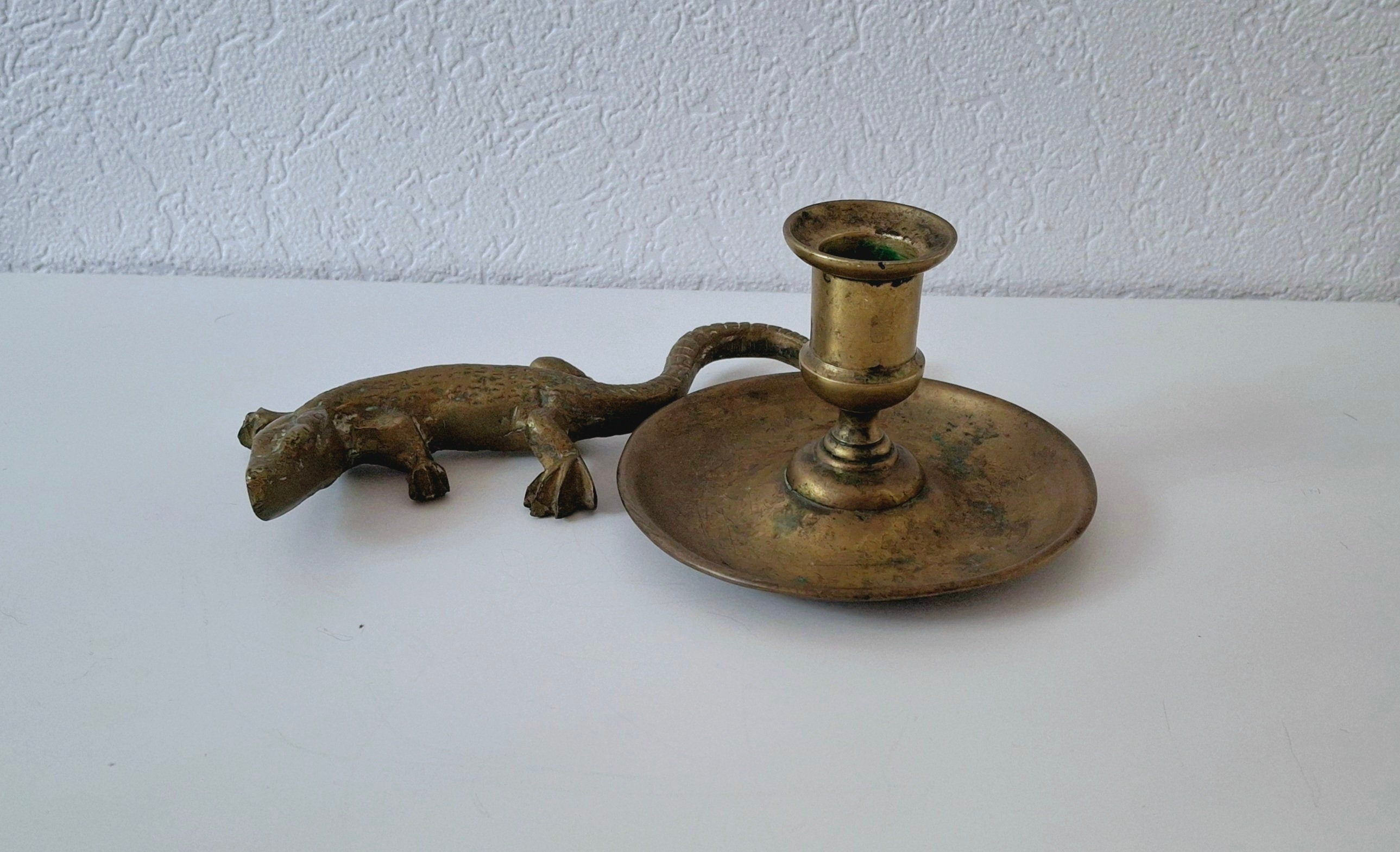 Lizard figurine and candle holder, vintage brass set