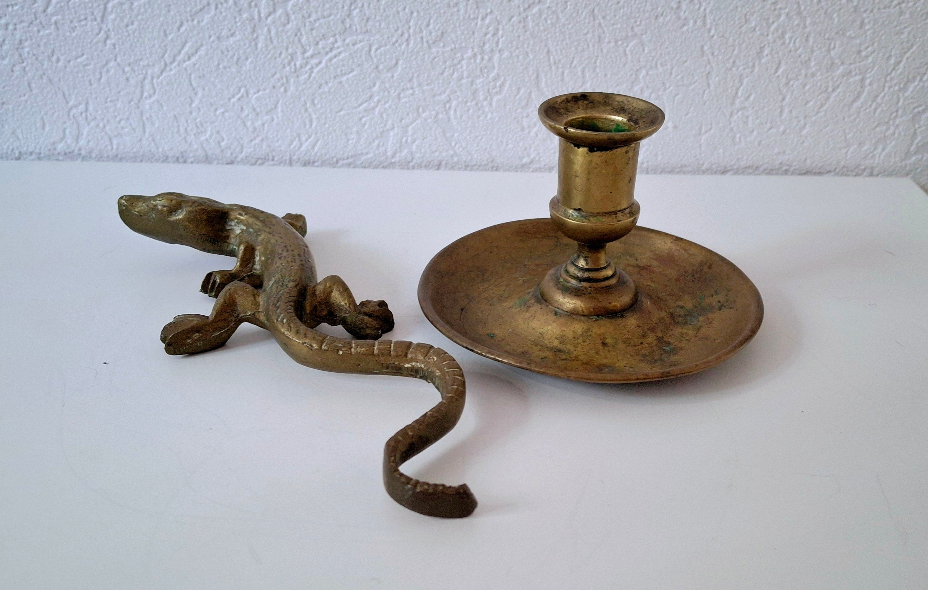 Lizard figurine and candle holder, vintage brass set