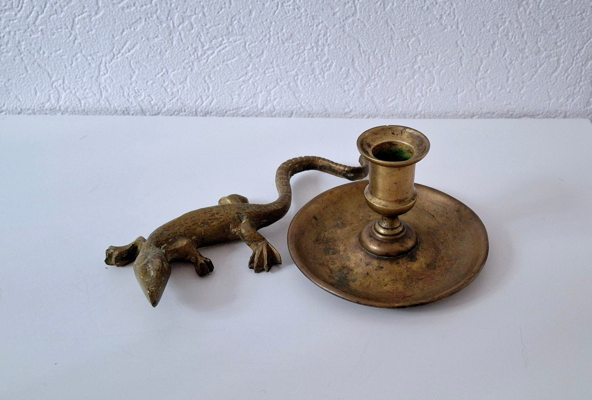 Lizard figurine and candle holder, vintage brass set