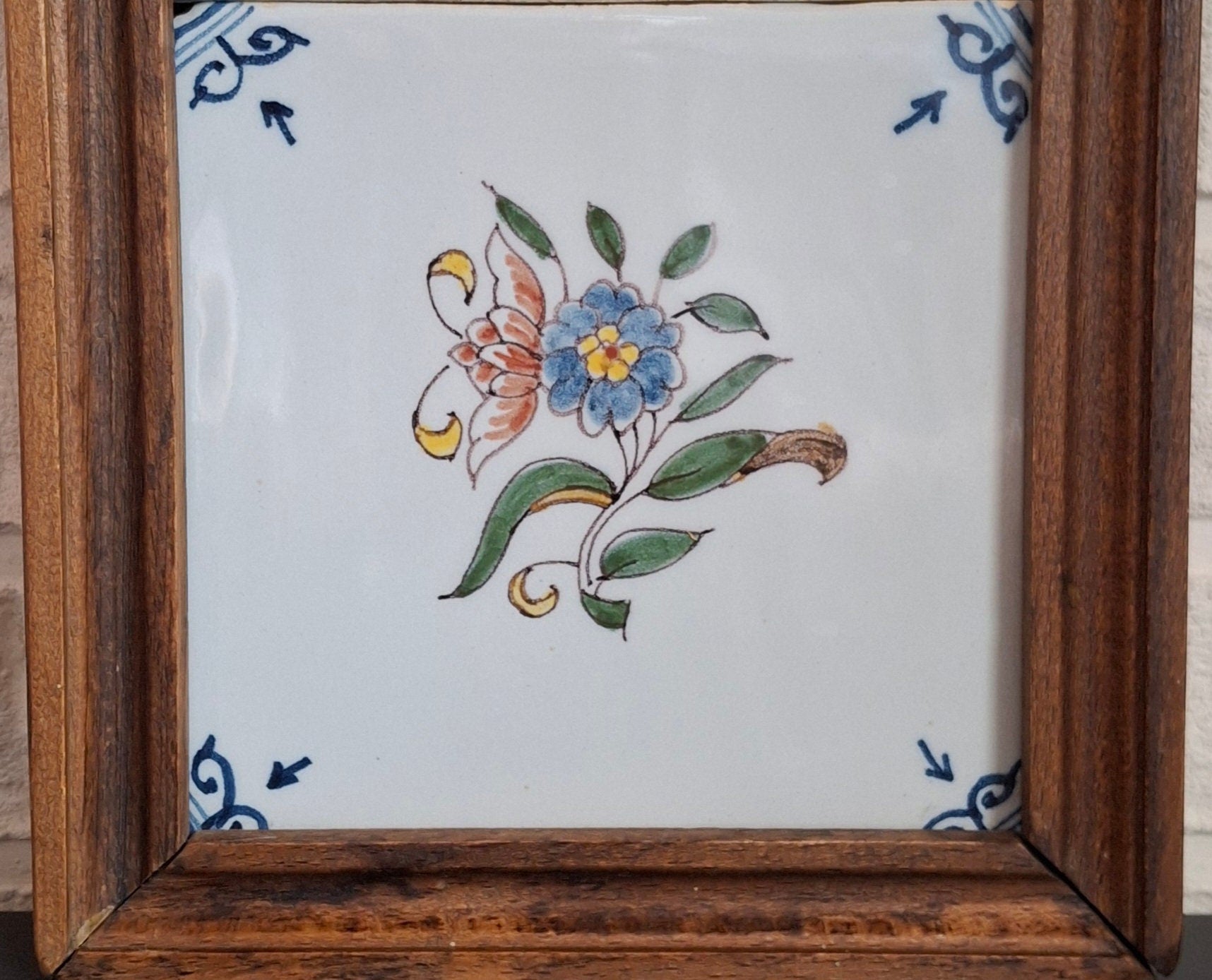 Three framed flower tiles Tichelaars Royal Makkum Pottery