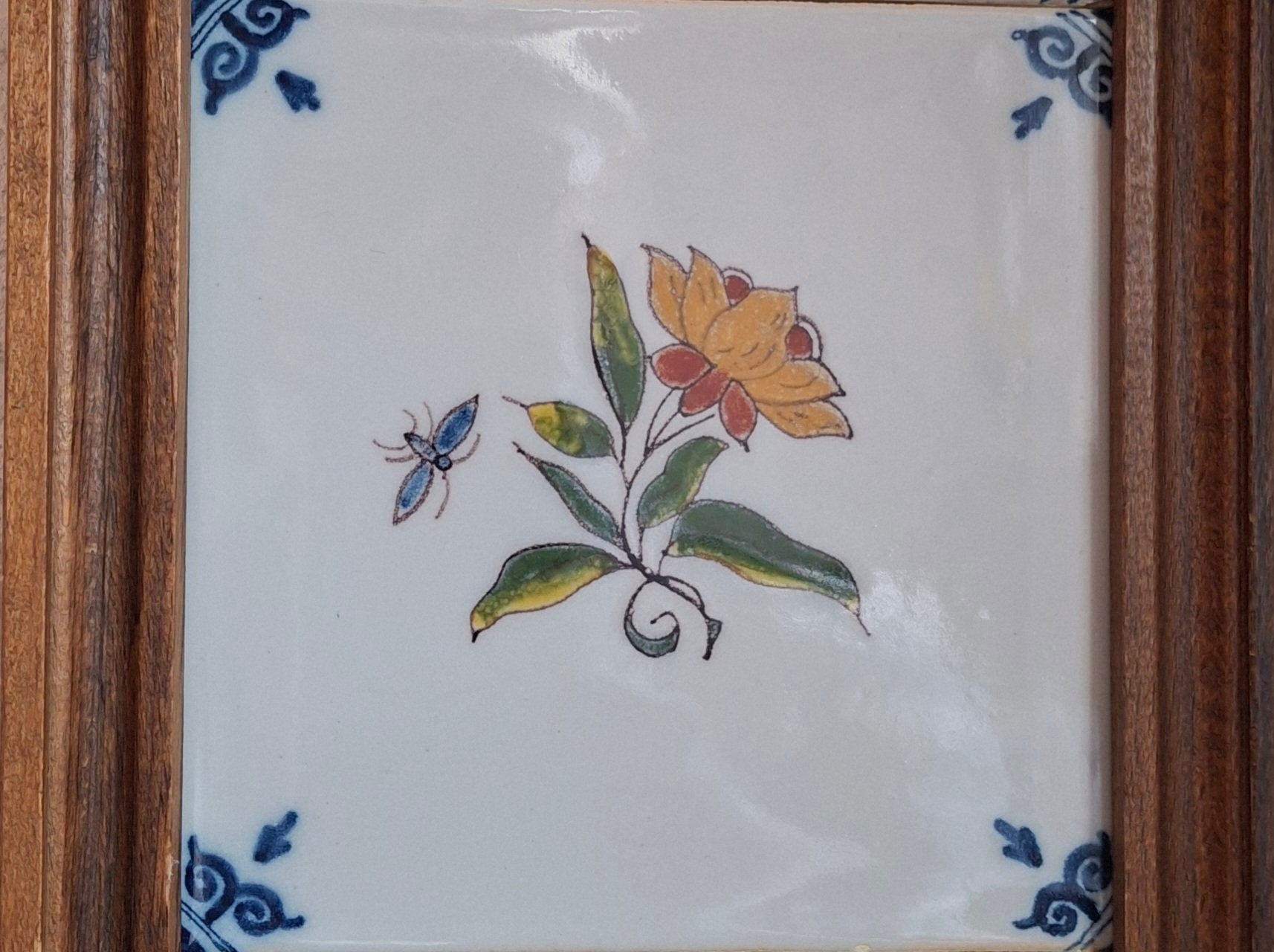 Three framed flower tiles Tichelaars Royal Makkum Pottery