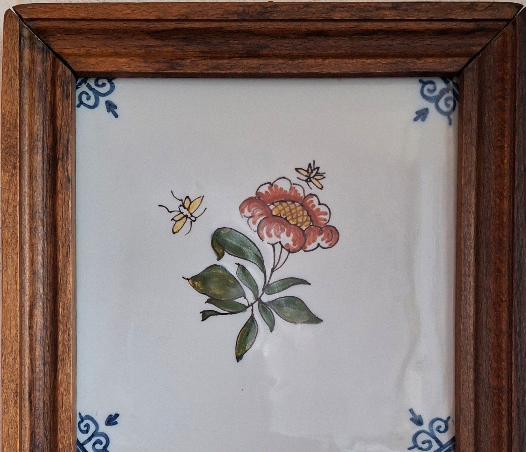 Three framed flower tiles Tichelaars Royal Makkum Pottery