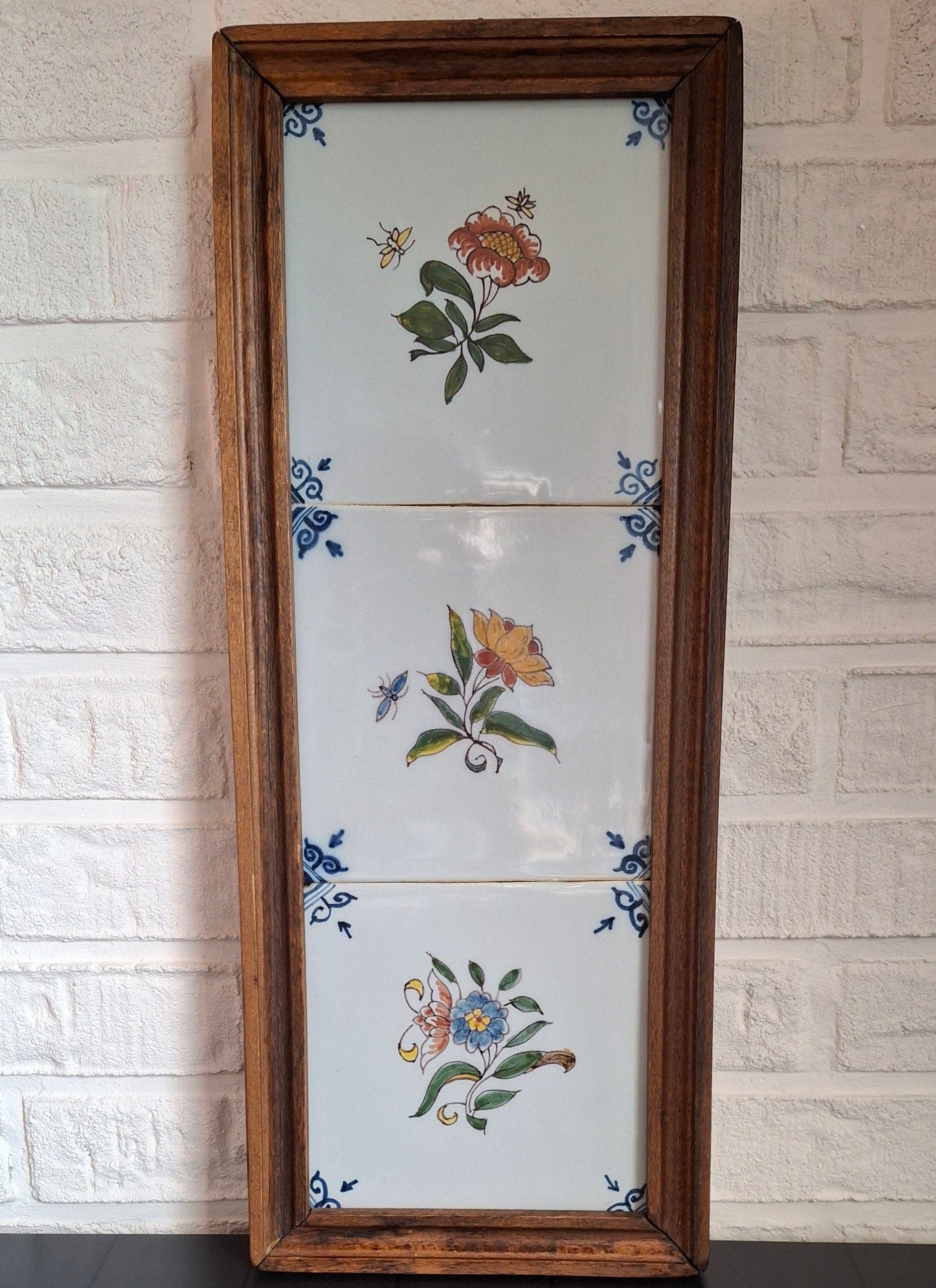 Three framed flower tiles Tichelaars Royal Makkum Pottery