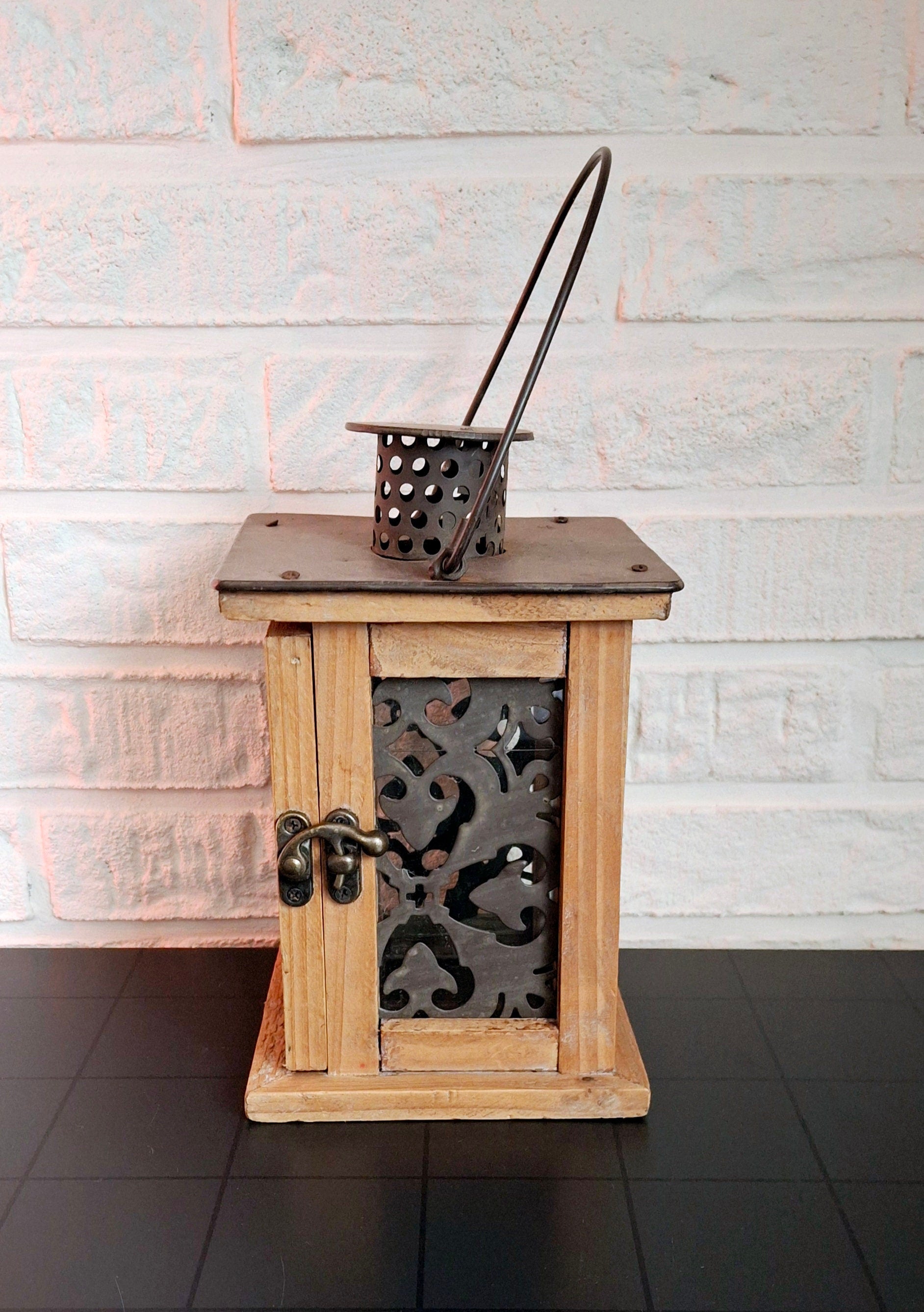Vintage Rustic Wooden Lantern with Metal Accents
