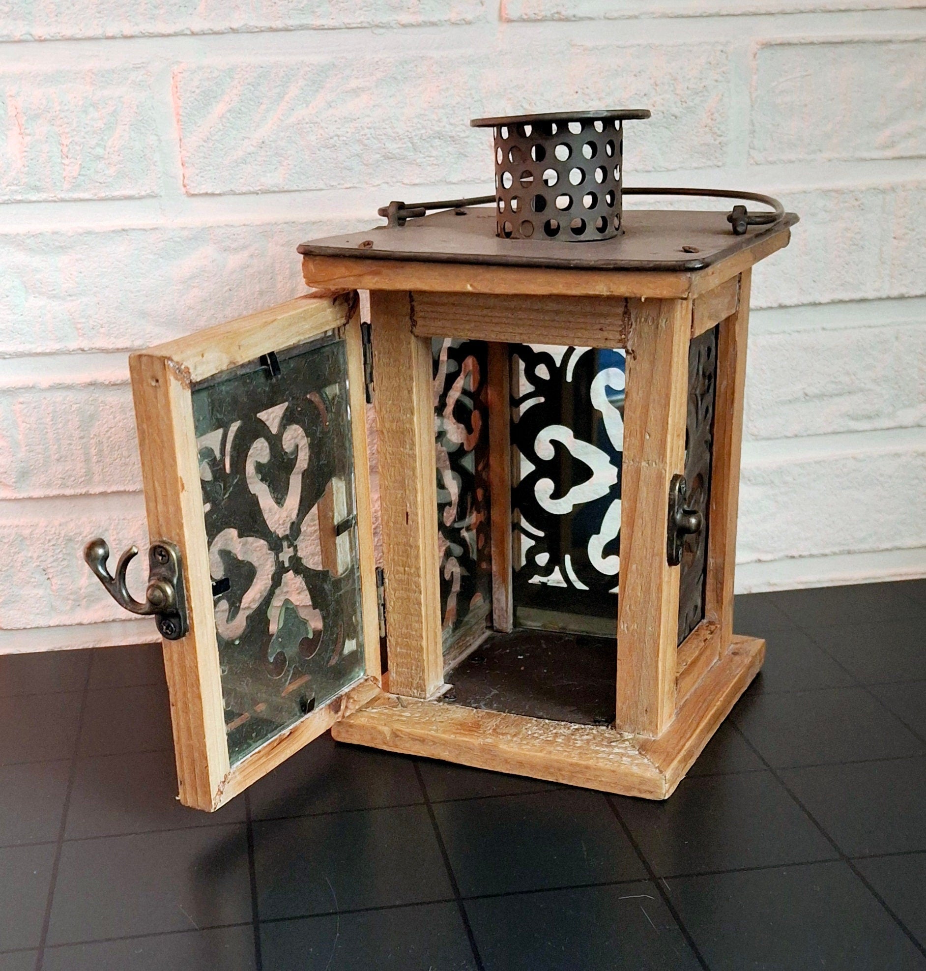 Vintage Rustic Wooden Lantern with Metal Accents