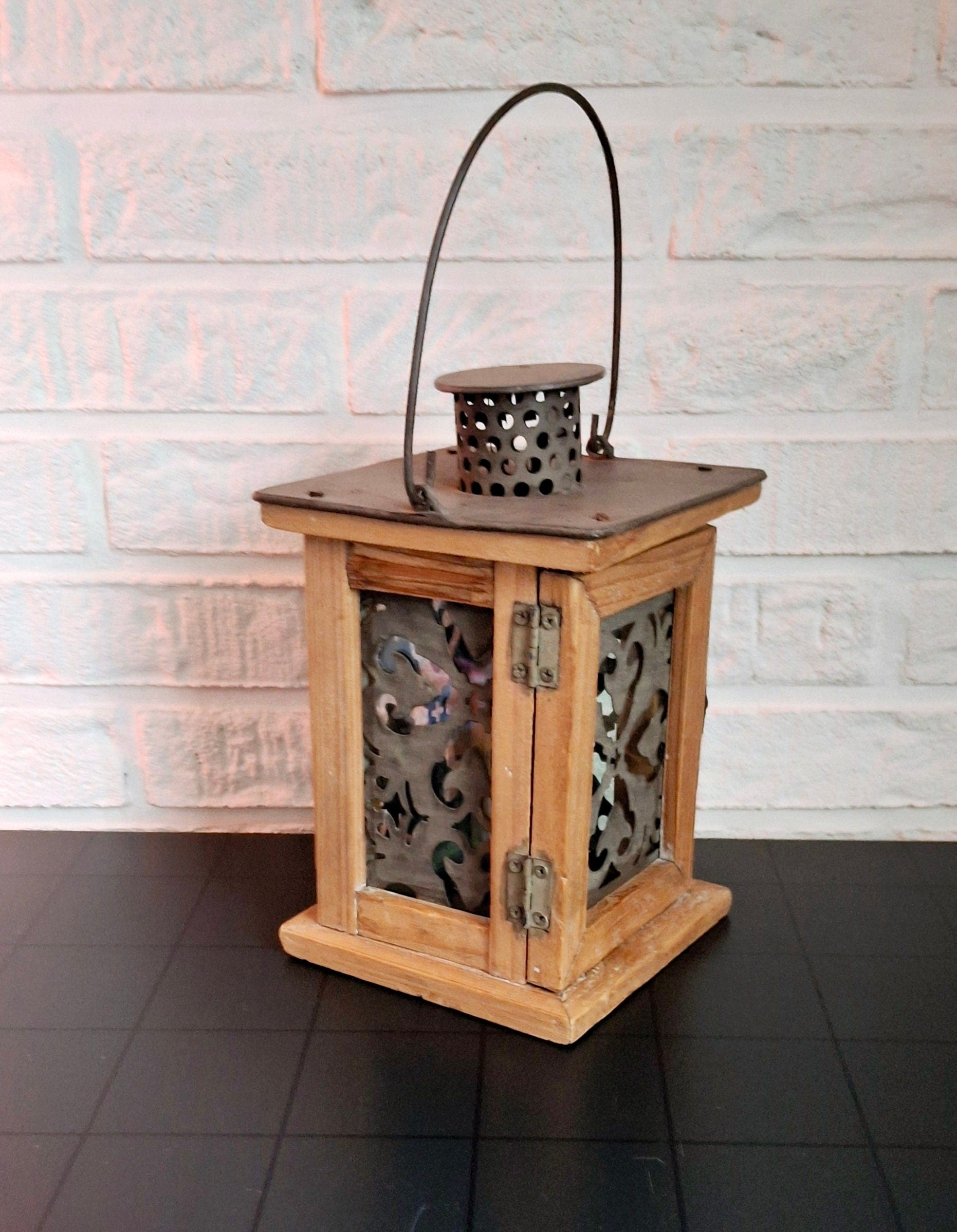 Vintage Rustic Wooden Lantern with Metal Accents