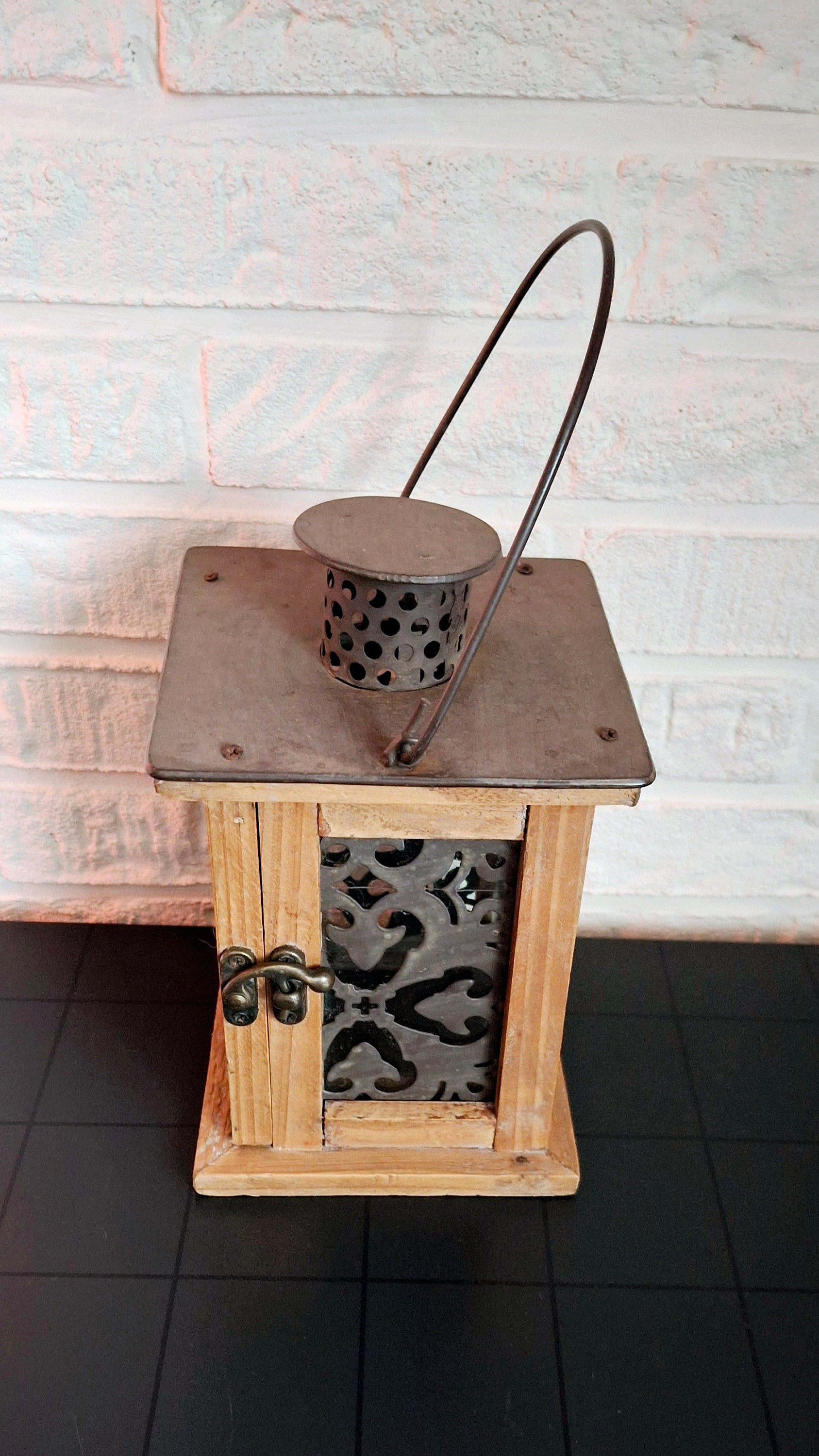 Vintage Rustic Wooden Lantern with Metal Accents
