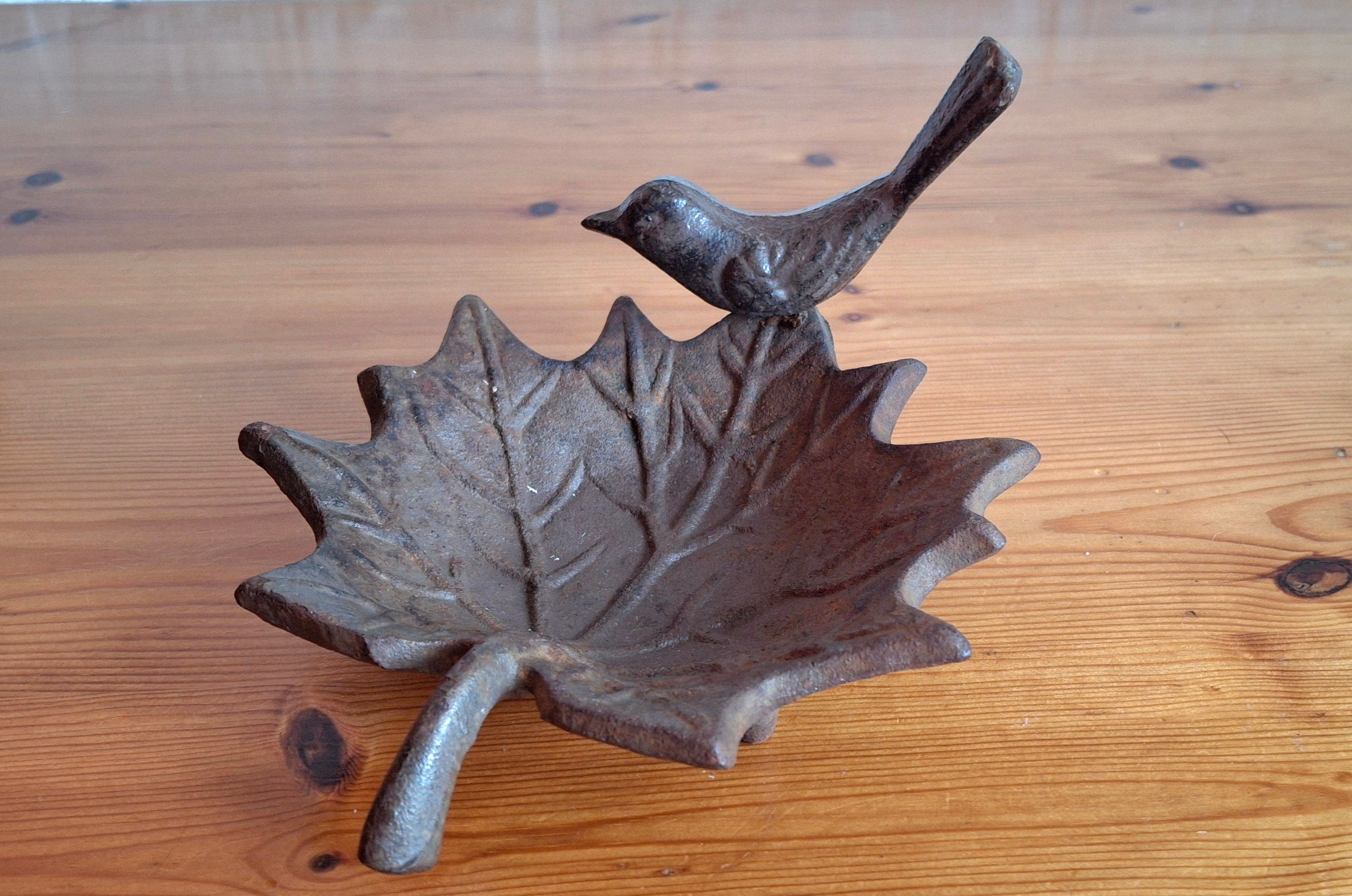 Cast iron bird figurines, Maple leaf bird bath