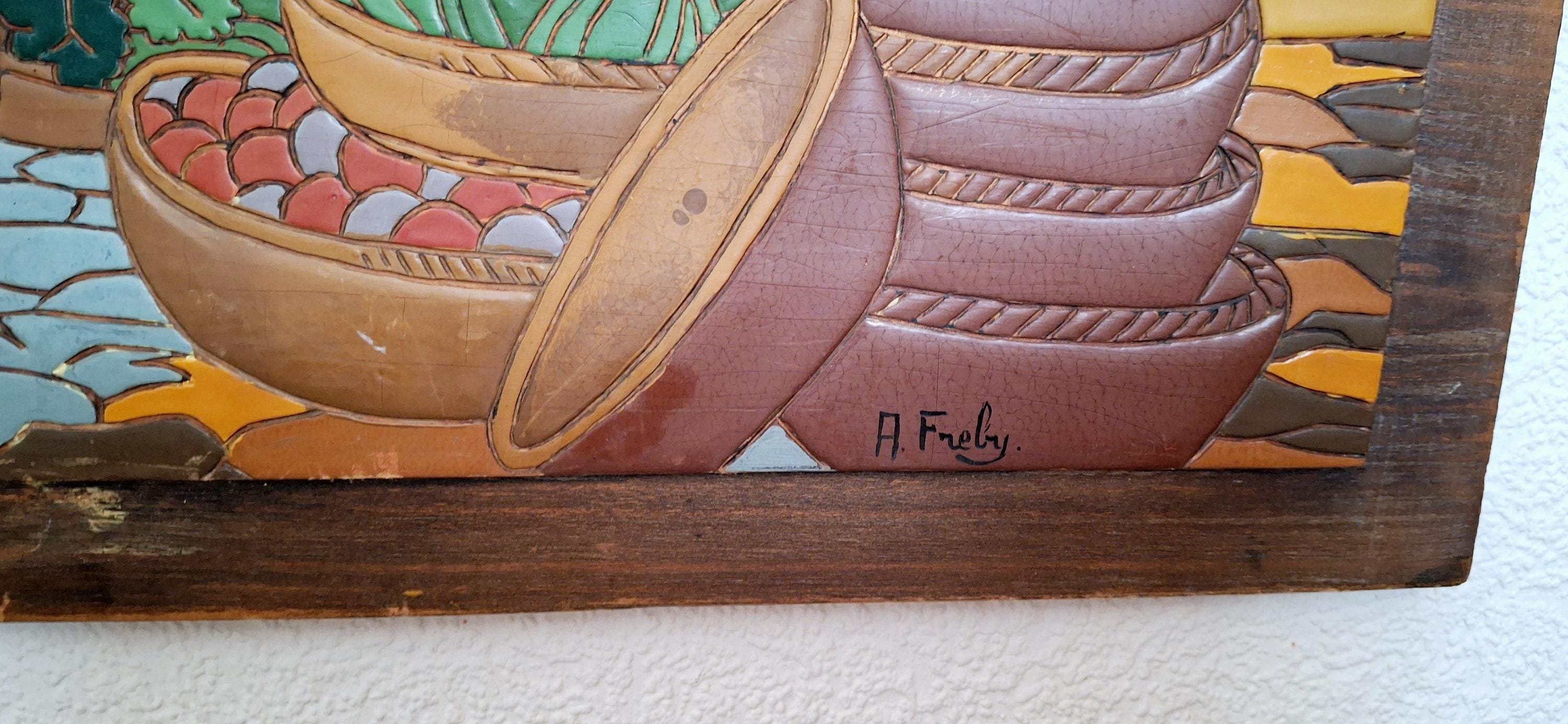 Wooden hand-carved panel, glazed with colorful enamel, Breton market scene