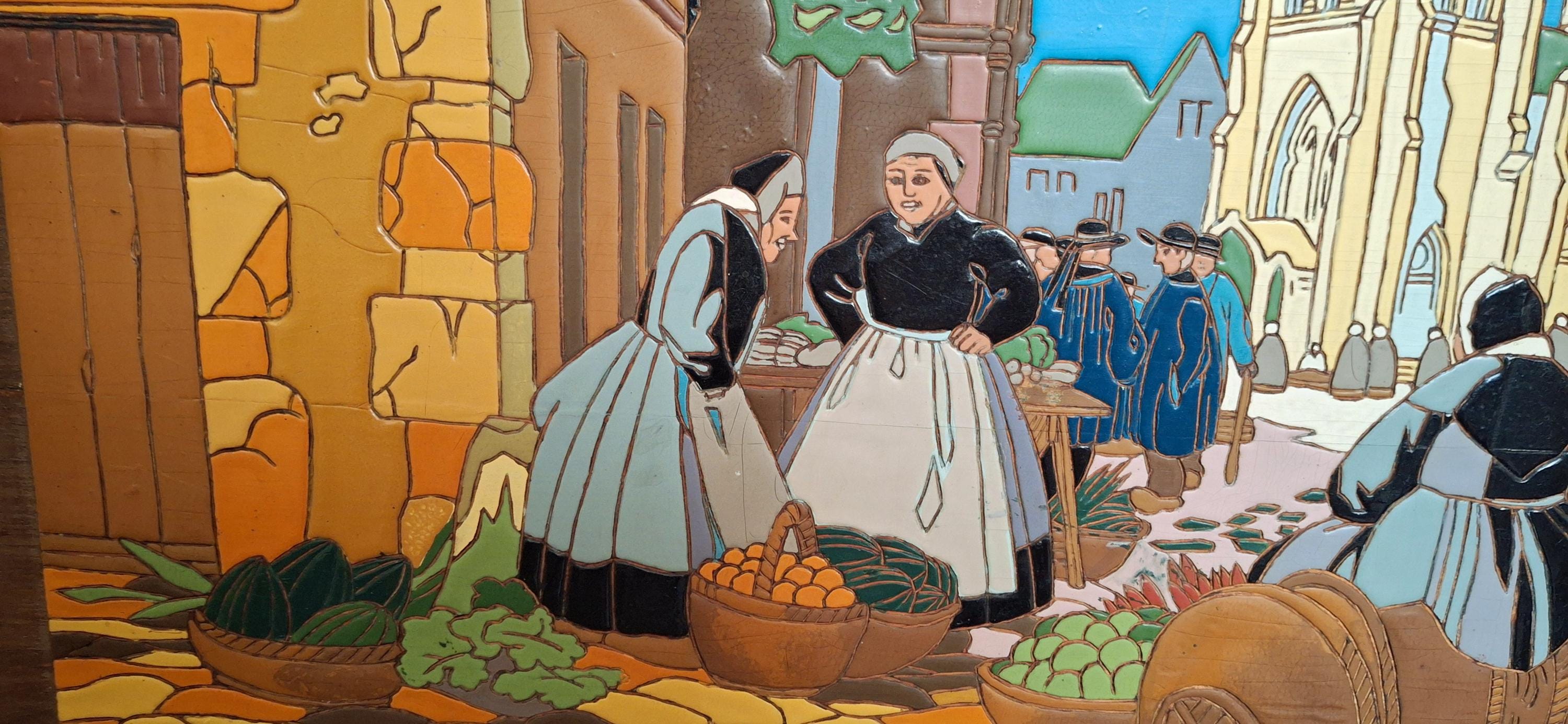 Wooden hand-carved panel, glazed with colorful enamel, Breton market scene