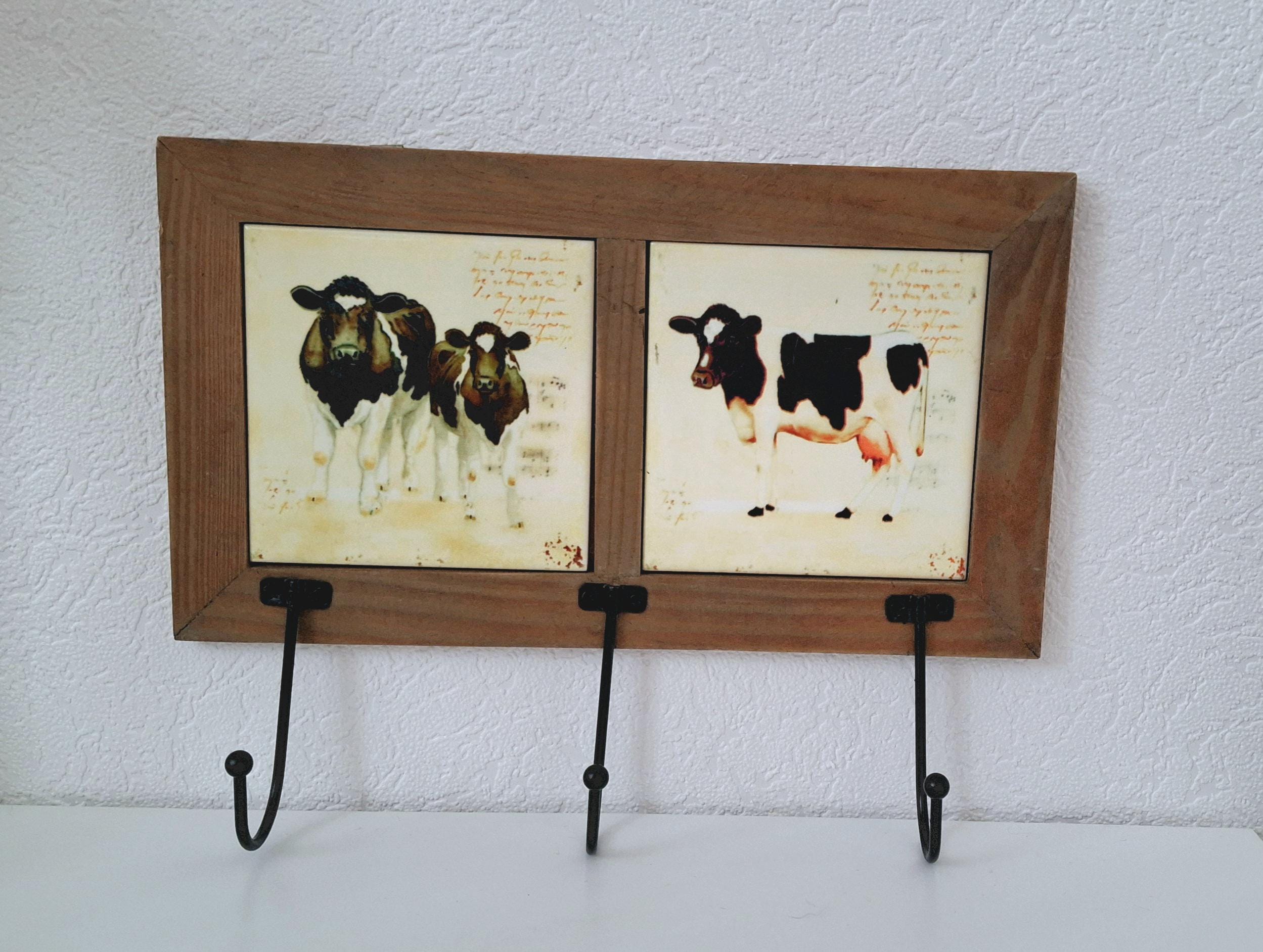 Rustic Wall Hook with Cow Tile Art