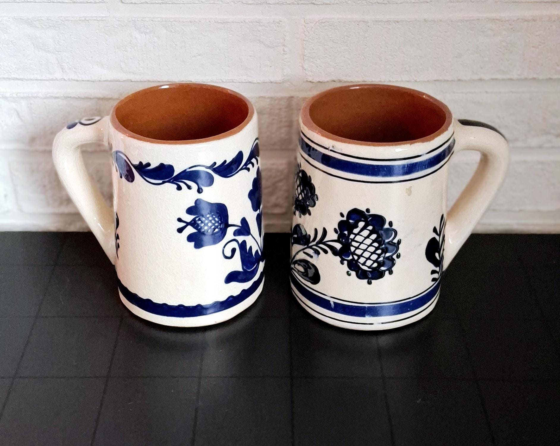Ceramic beer set, beer mugs and bowl with blue floral design