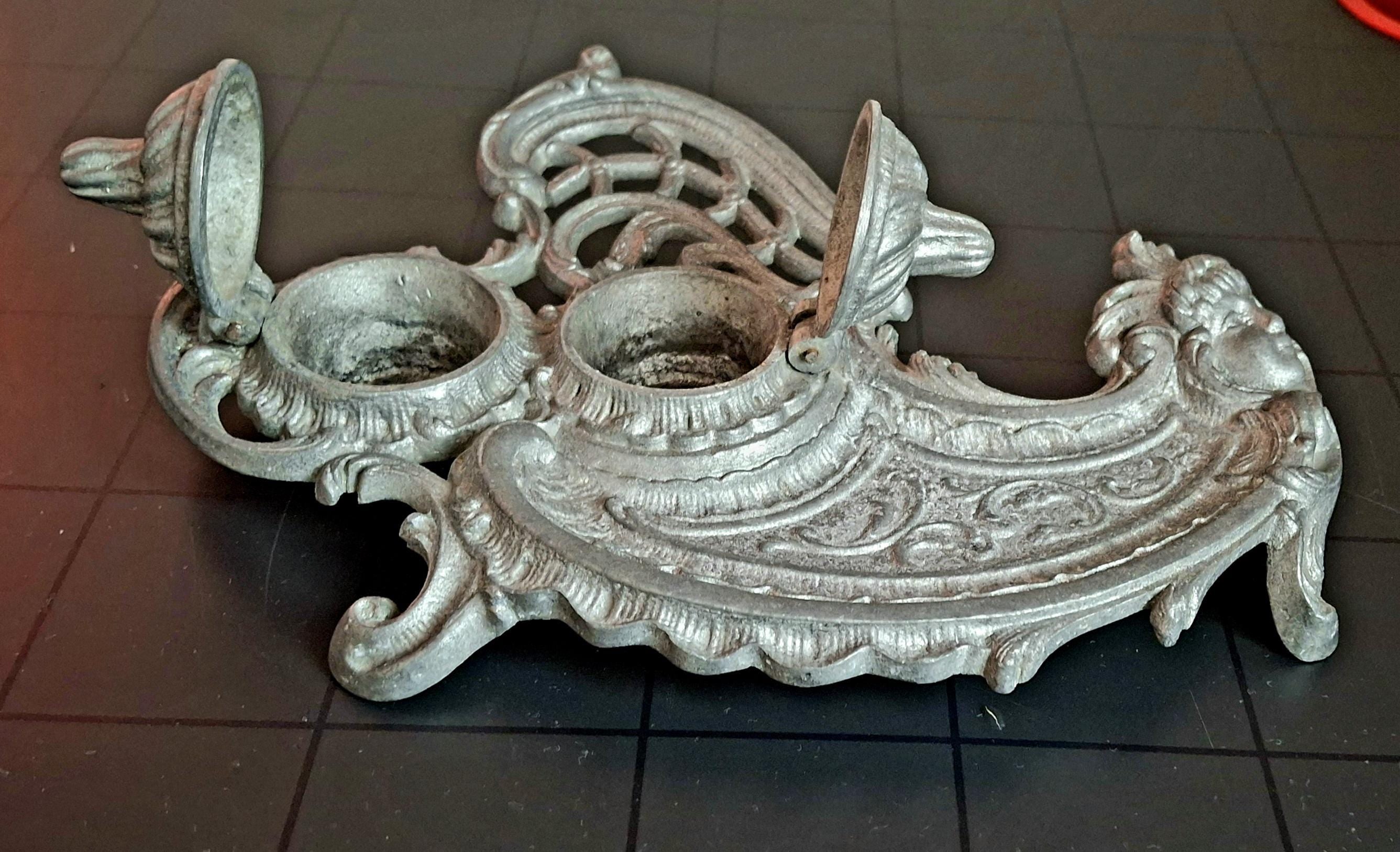 Antique Metal Inkwell with Baroque Ornamentation