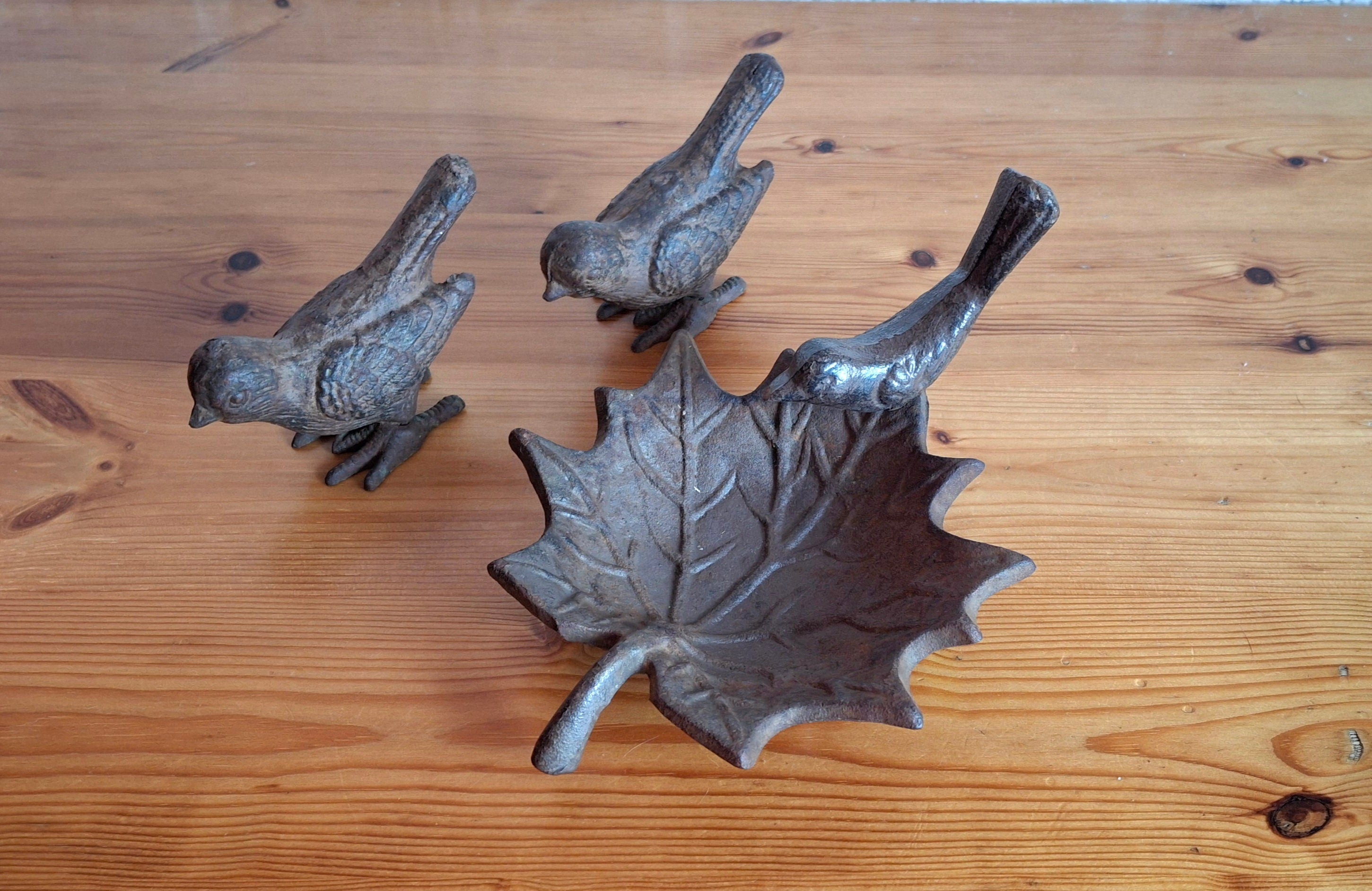 Cast iron bird figurines, Maple leaf bird bath