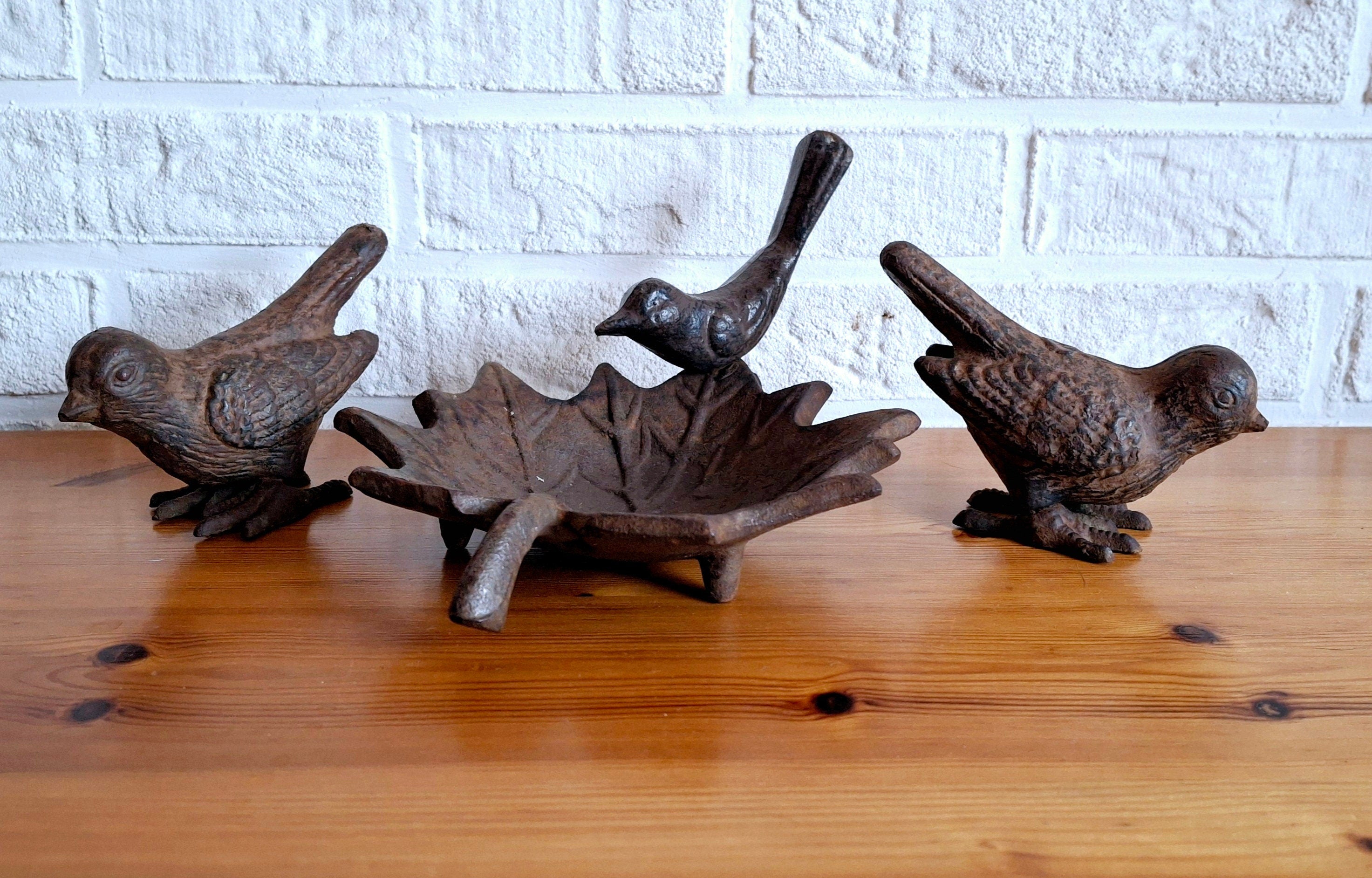 Cast iron bird figurines, Maple leaf bird bath