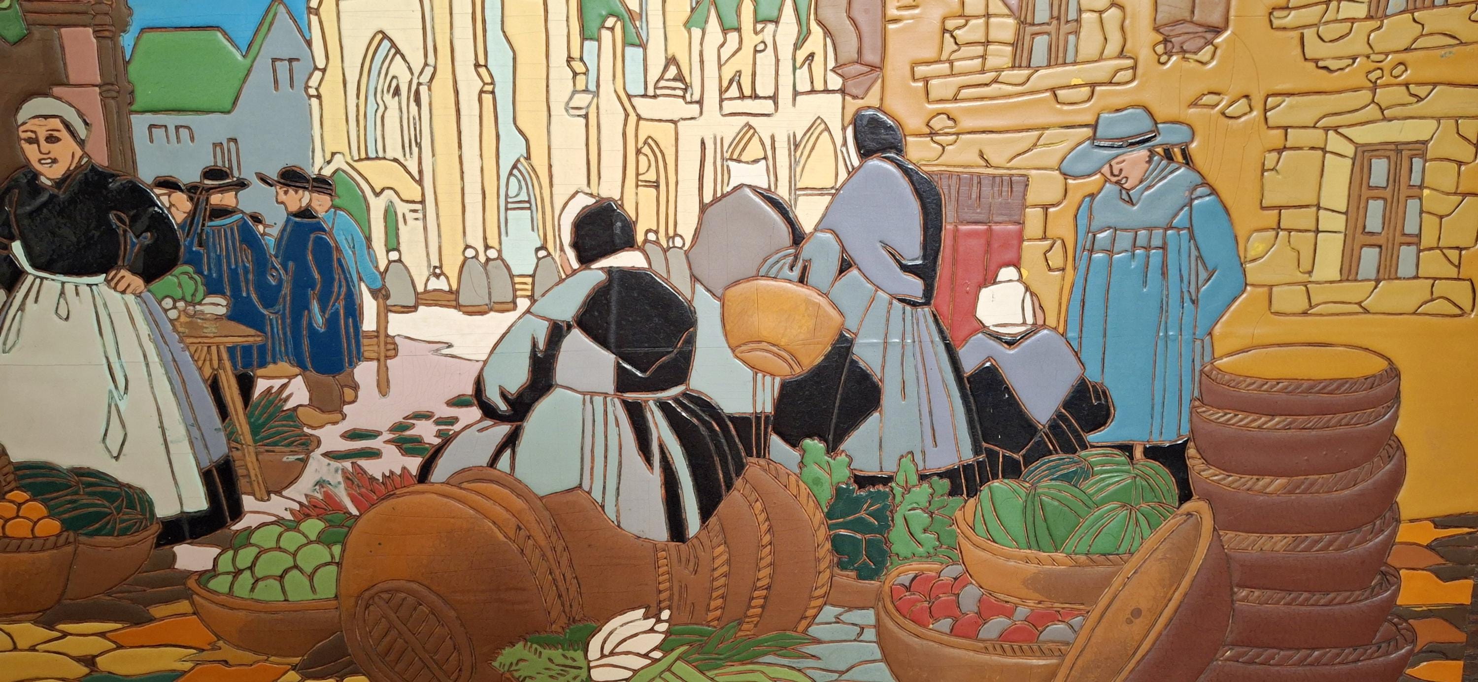 Wooden hand-carved panel, glazed with colorful enamel, Breton market scene