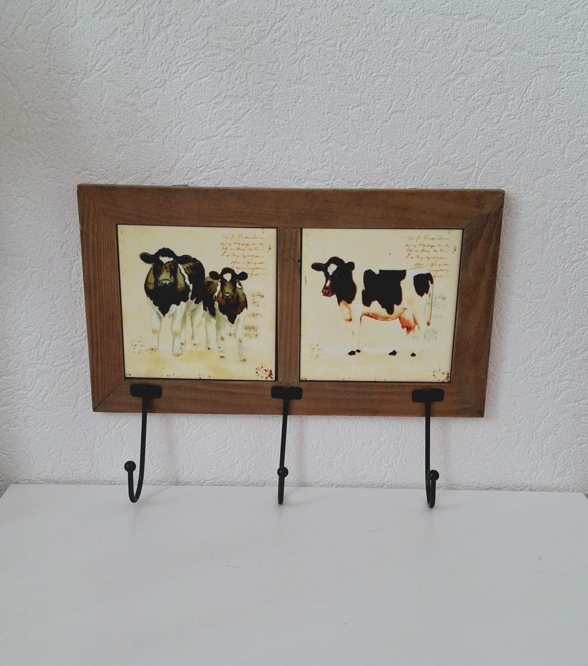 Rustic Wall Hook with Cow Tile Art
