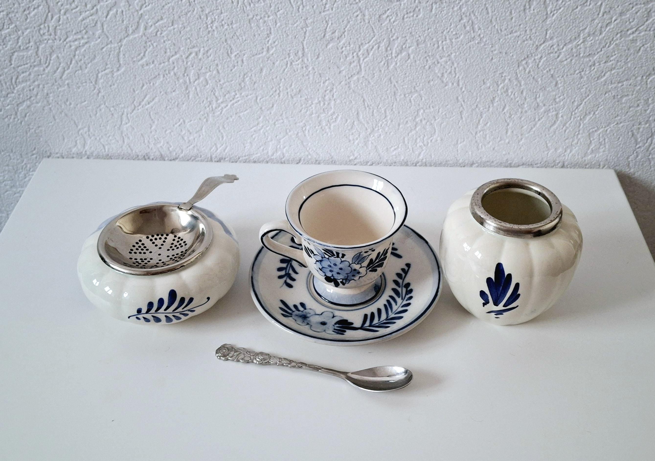 Dutch ceramic tea set collection, set of 3 Delftware pottery