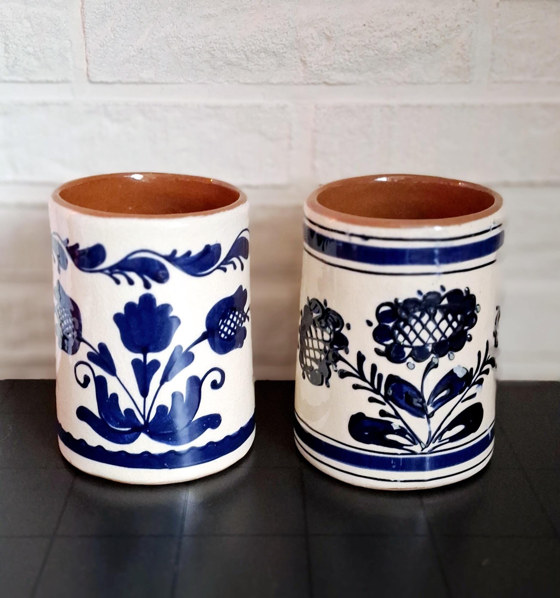 Ceramic beer set, beer mugs and bowl with blue floral design