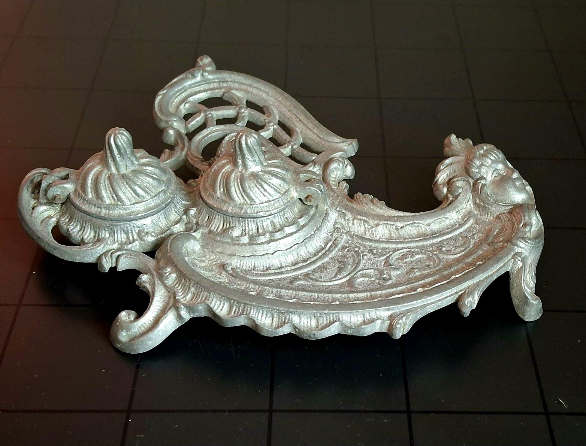 Antique Metal Inkwell with Baroque Ornamentation