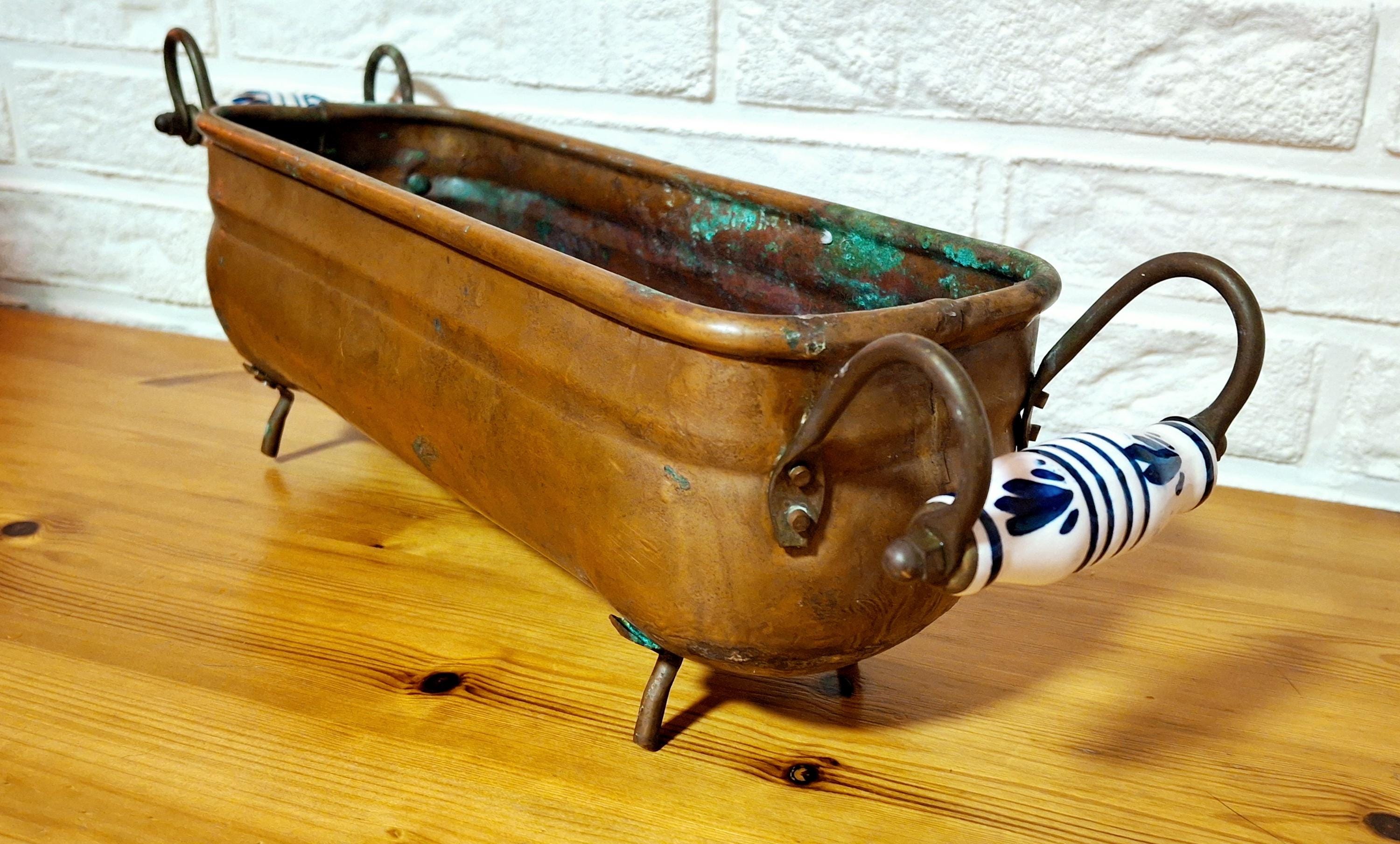 Two antique dutch copper planters, Hand wash bowl with Delft Porcelain Handles