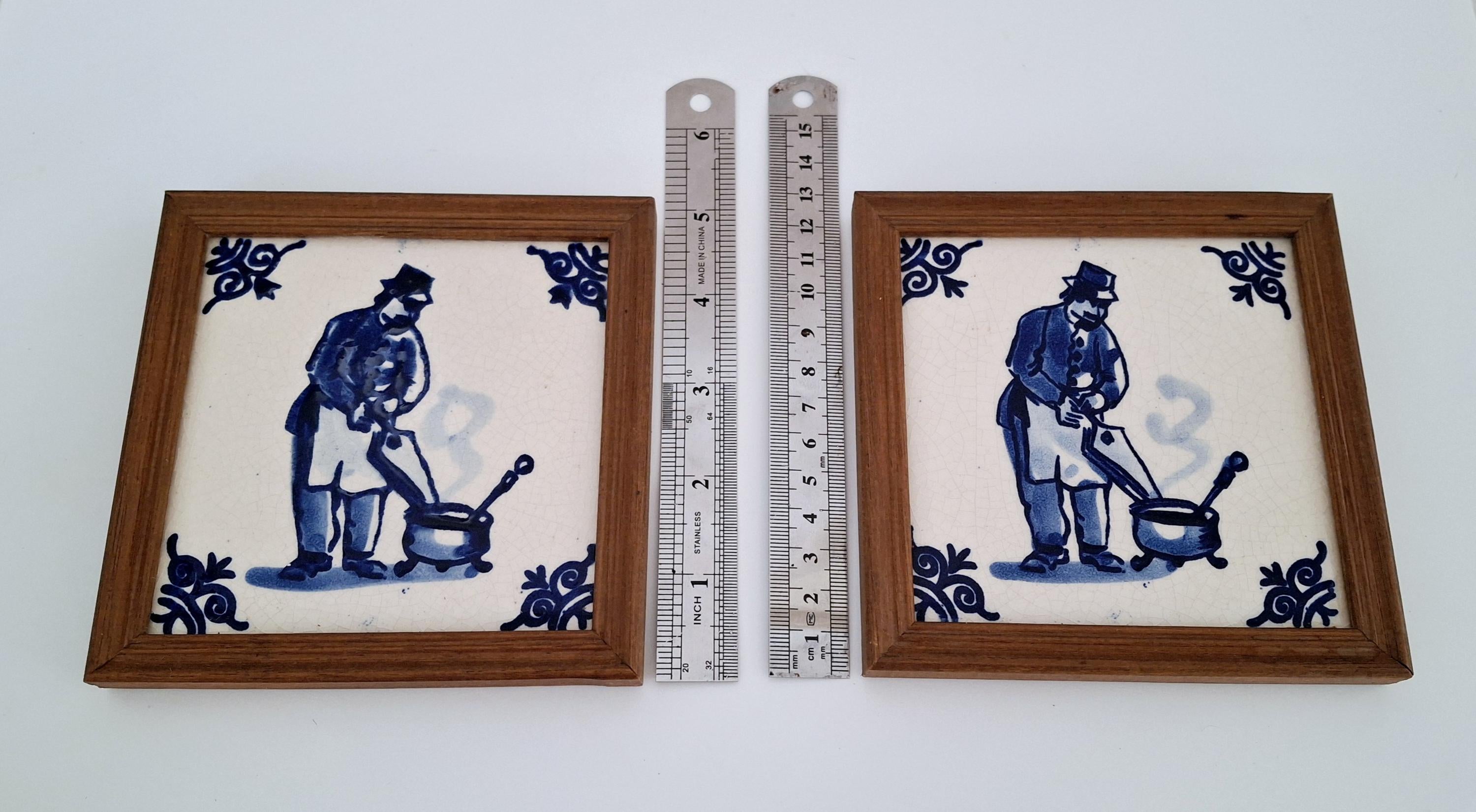 Dutch Delft blue tiles, Framed hand-painted ceramic pair tile