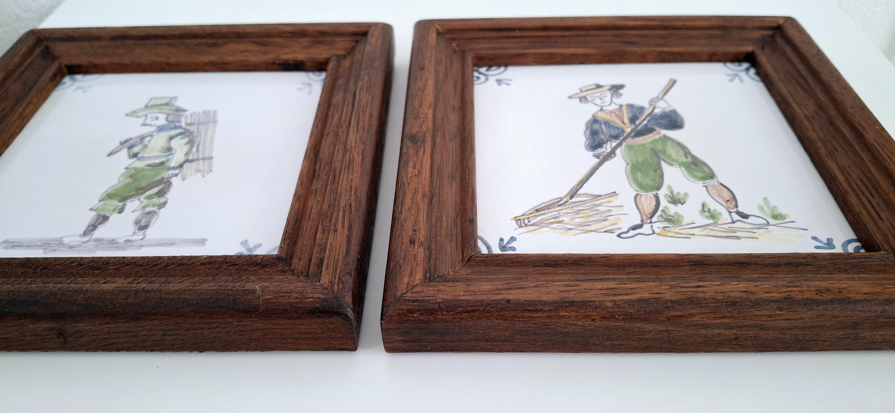 Set of Two Framed Dutch Ceramic Tiles Depicting Rural Life