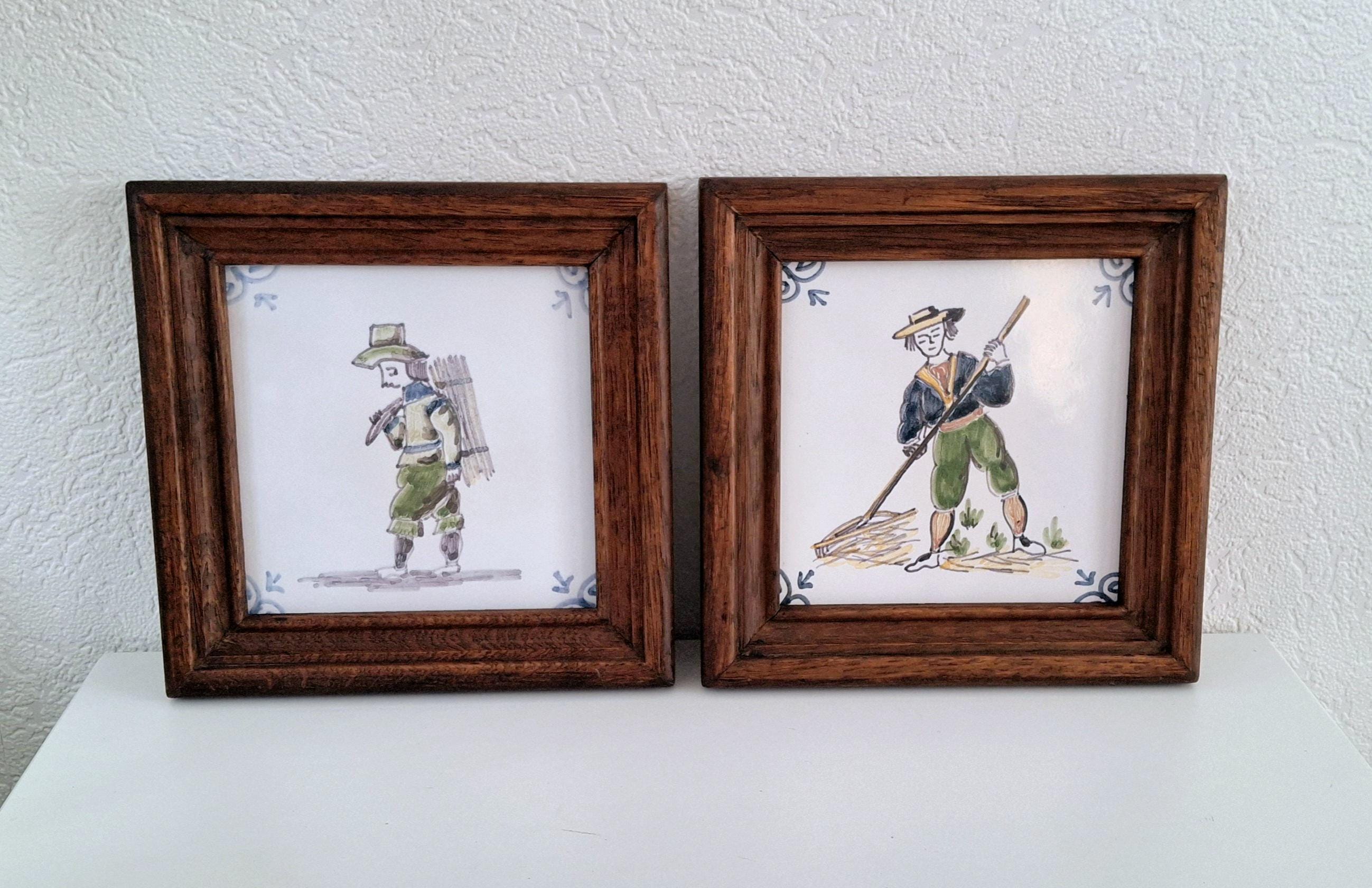 Set of Two Framed Dutch Ceramic Tiles Depicting Rural Life