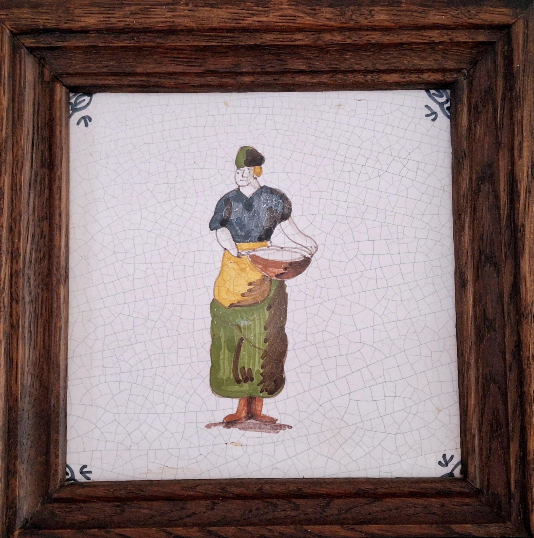 Dutch polychrome tiles from the mid-20th, Delft ceramic tile, Fisherman, Woman with basket, Man with a rake
