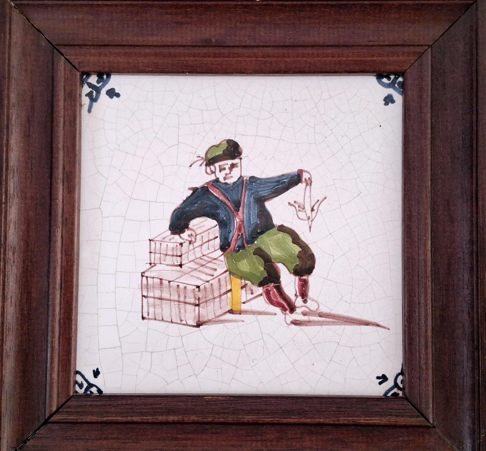 Dutch polychrome tiles from the mid-20th, Delft ceramic tile, Fisherman, Woman with basket, Man with a rake