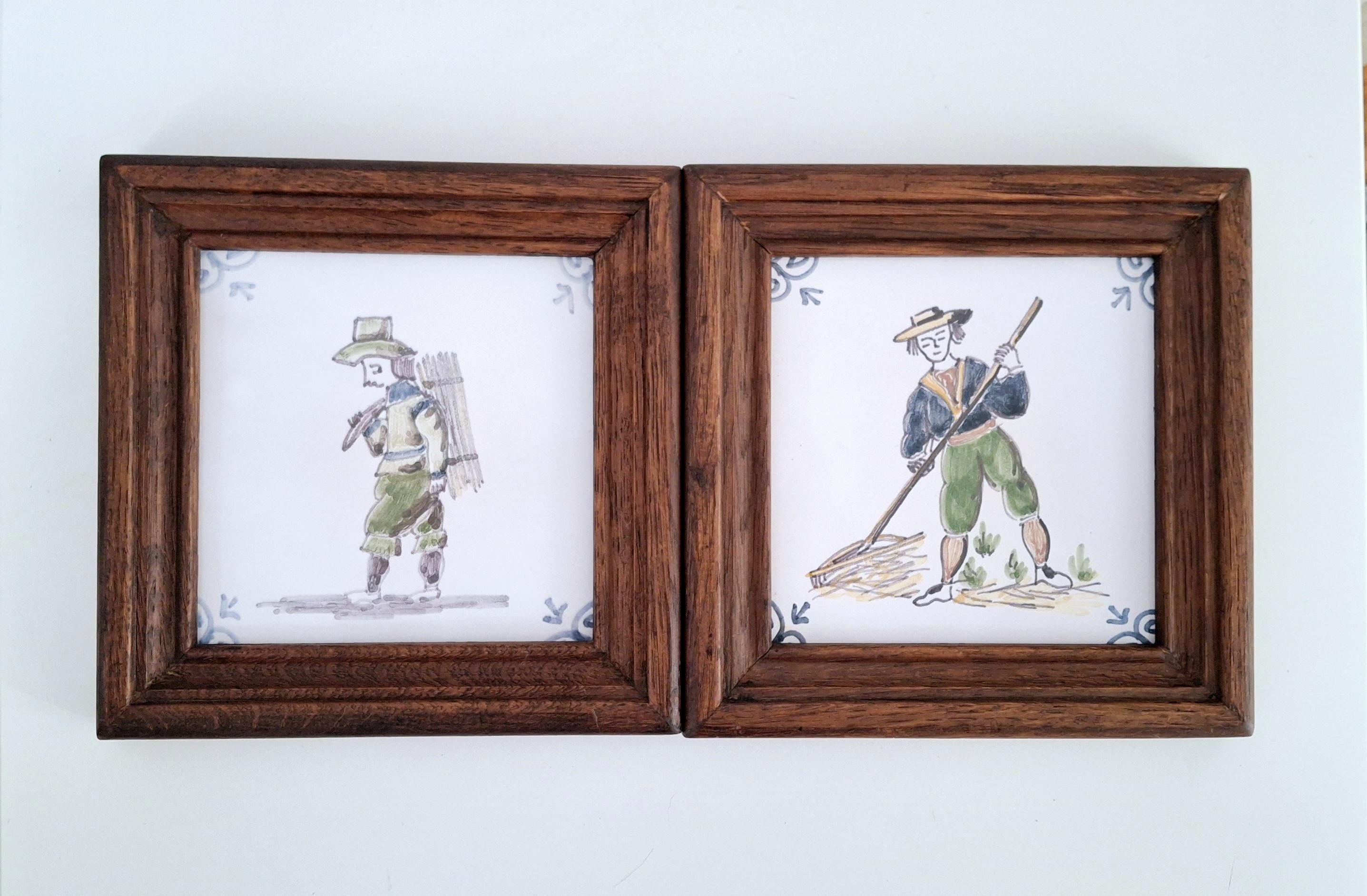 Set of Two Framed Dutch Ceramic Tiles Depicting Rural Life
