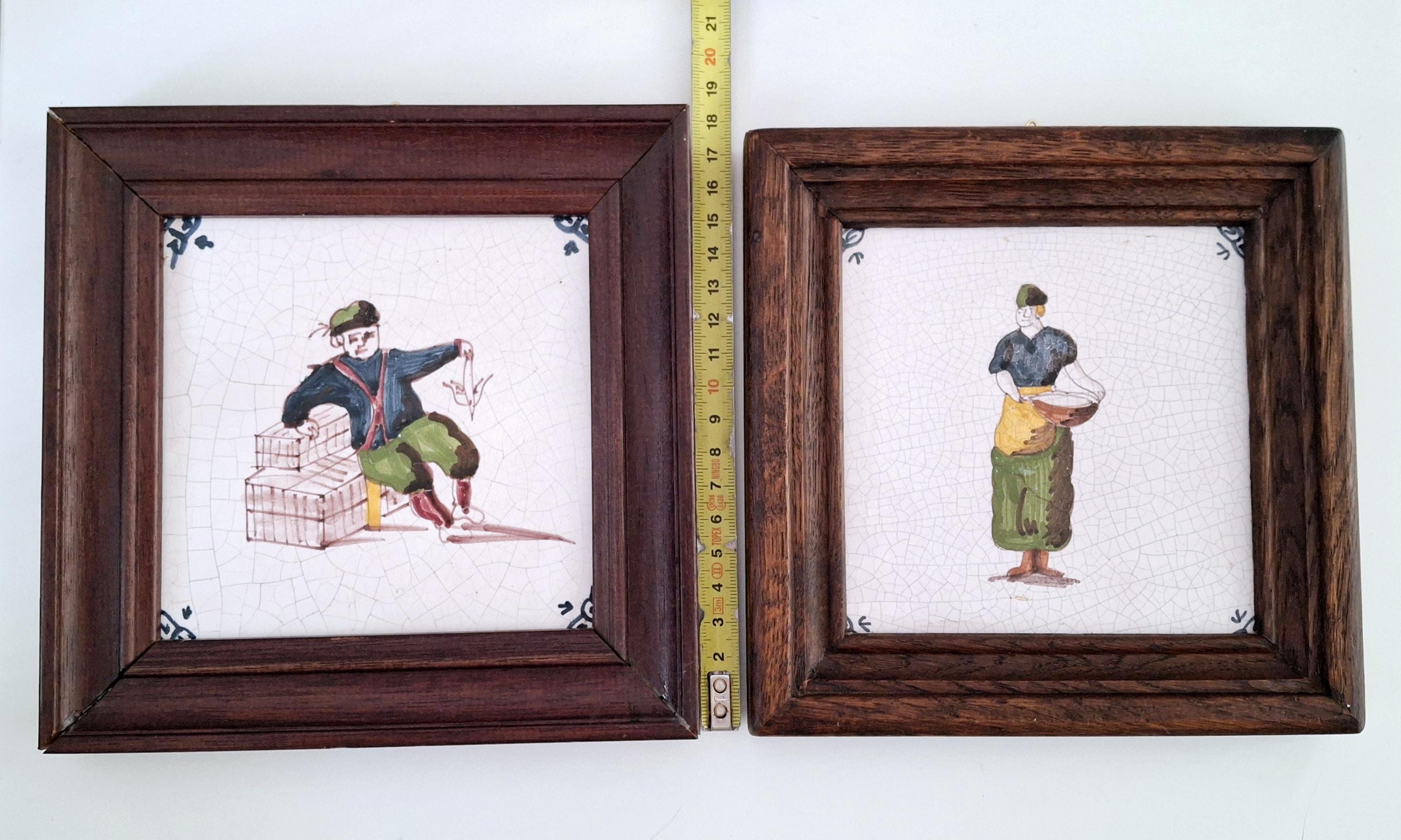 Dutch polychrome tiles from the mid-20th, Delft ceramic tile, Fisherman, Woman with basket, Man with a rake