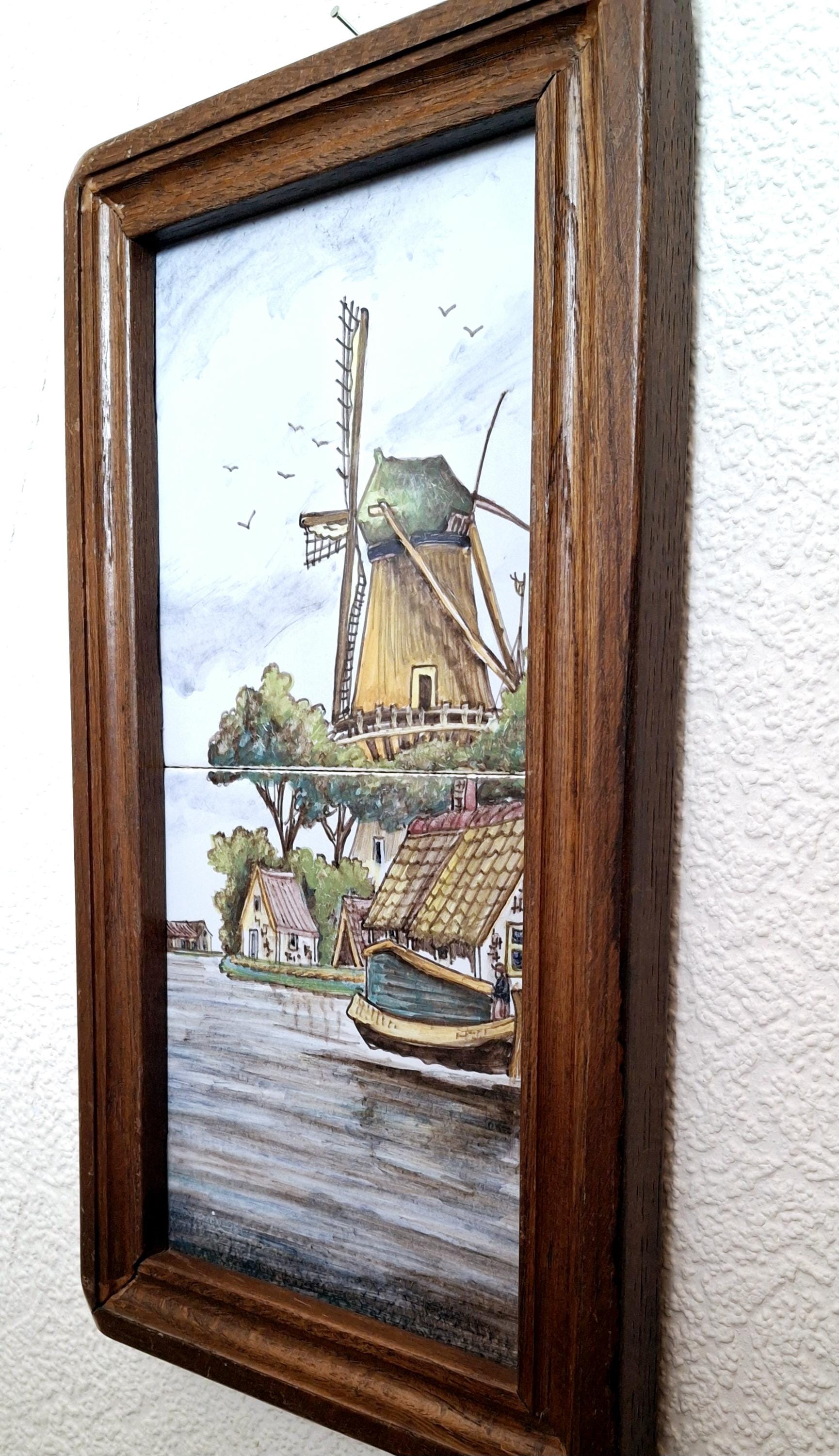 Hand painted Dutch ceramic tile panel, traditional Dutch windmill and waterside village scene