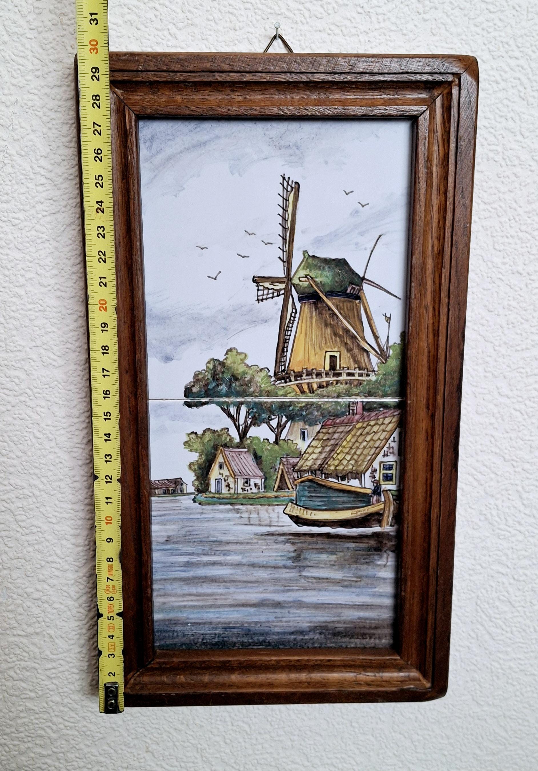 Hand painted Dutch ceramic tile panel, traditional Dutch windmill and waterside village scene