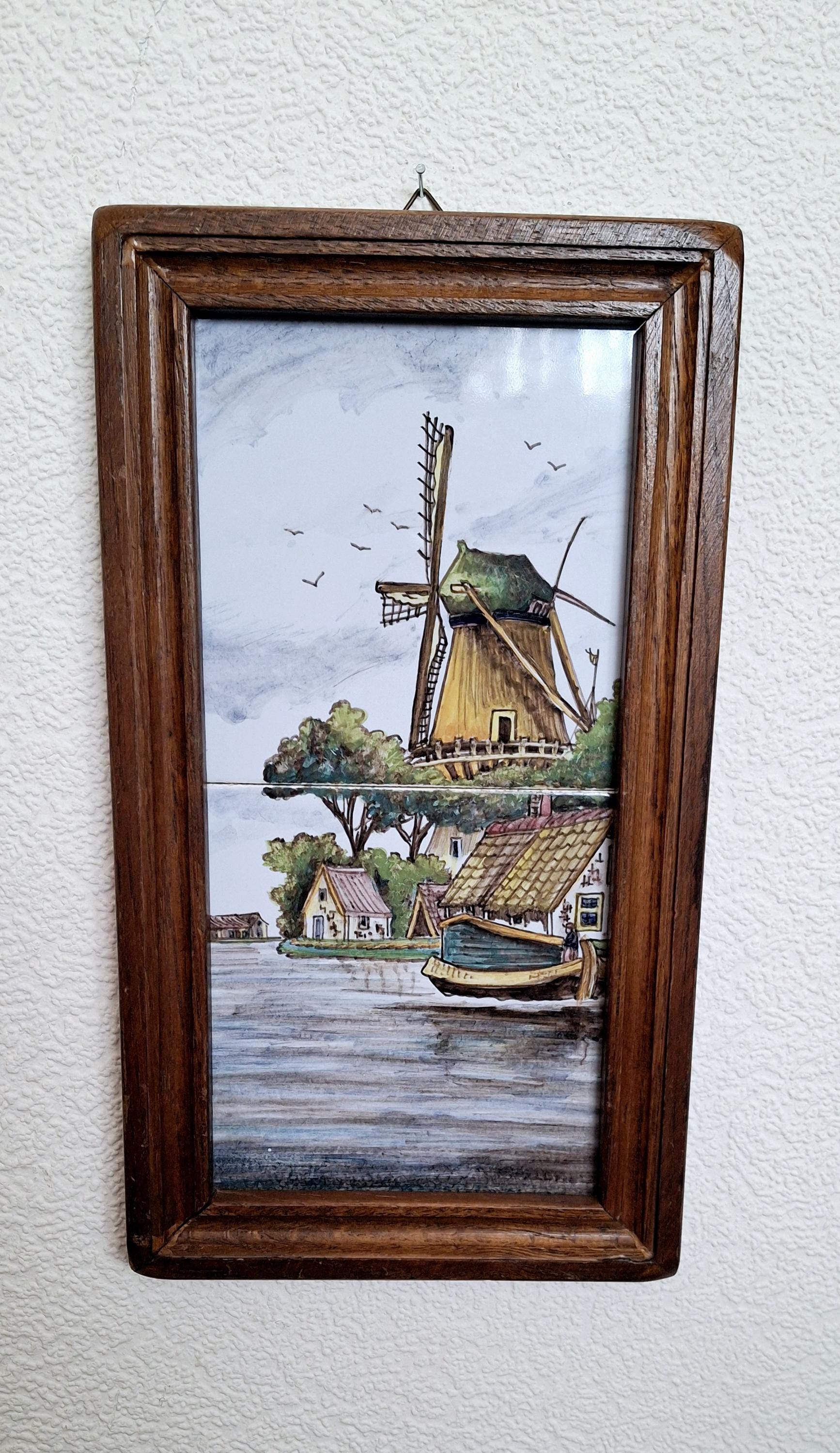 Hand painted Dutch ceramic tile panel, traditional Dutch windmill and waterside village scene