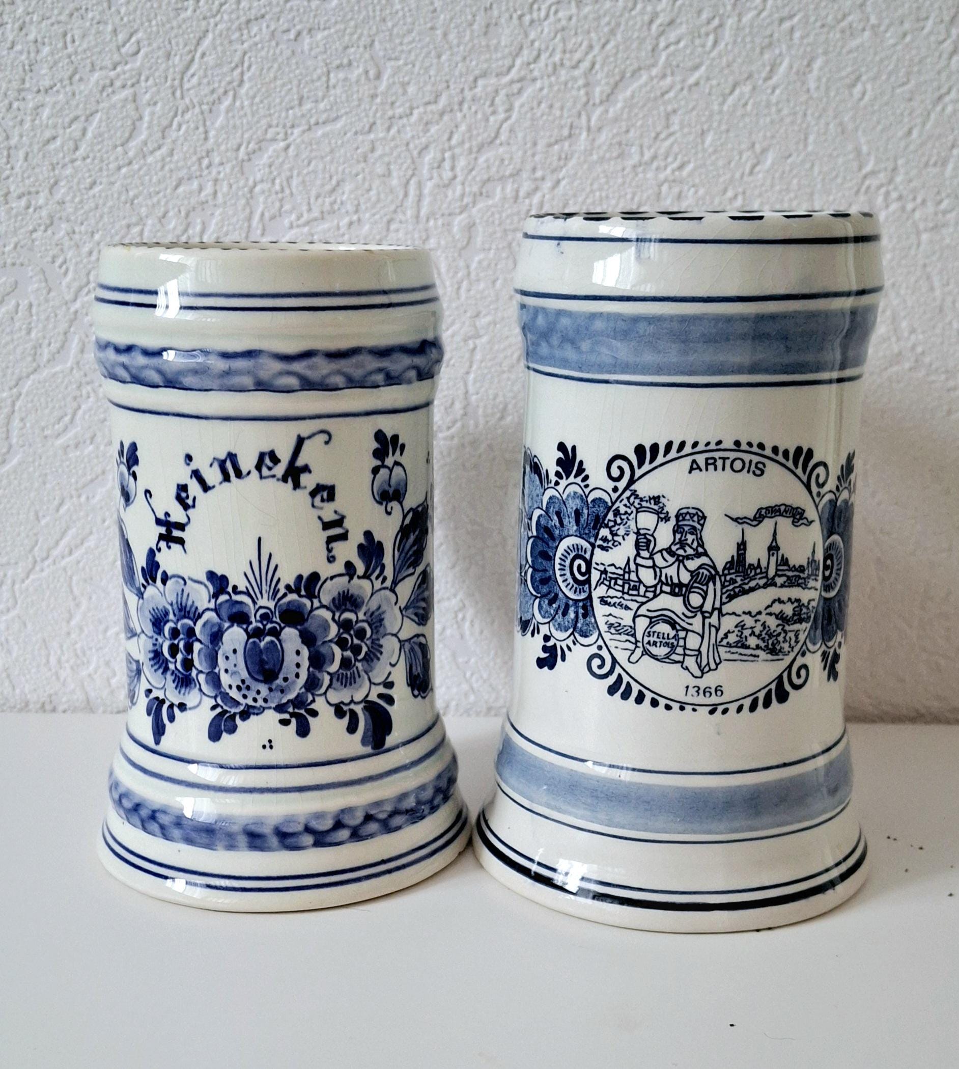 Delft Blue White beer mug set, Heineken & Stella Artois beer steins