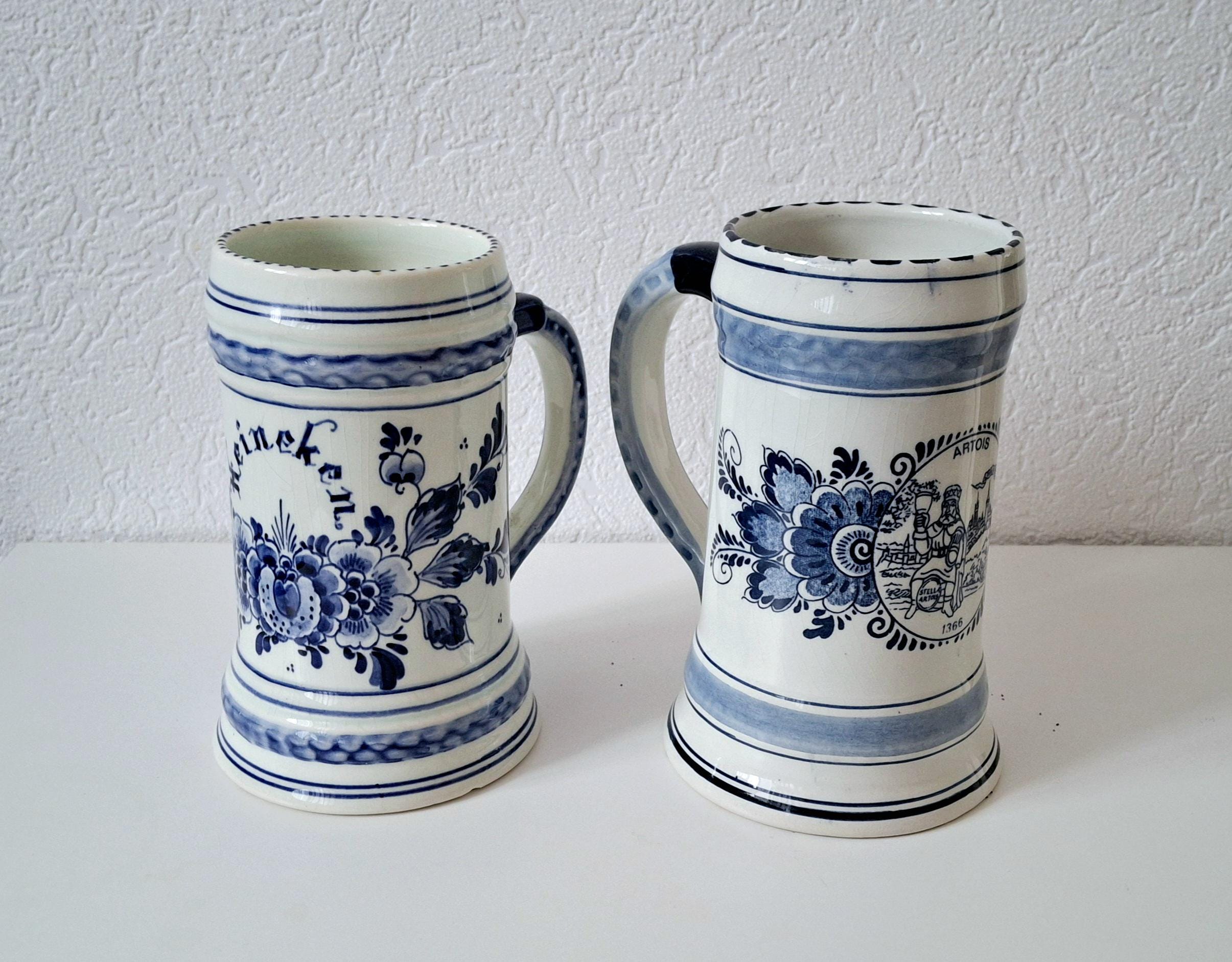 Delft Blue White beer mug set, Heineken & Stella Artois beer steins