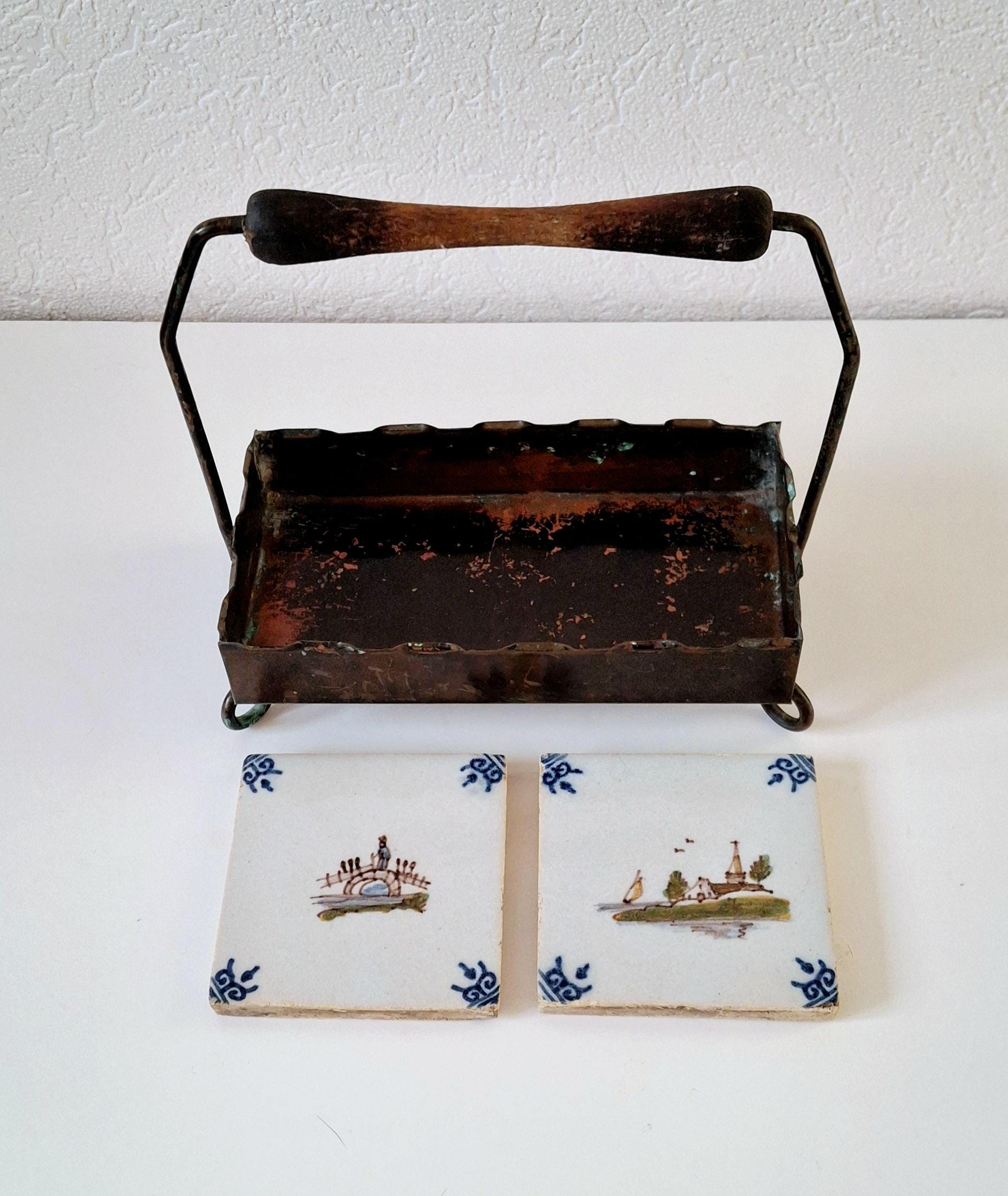 Antique ceramic-lined metal basket, tray with the Delft tiles