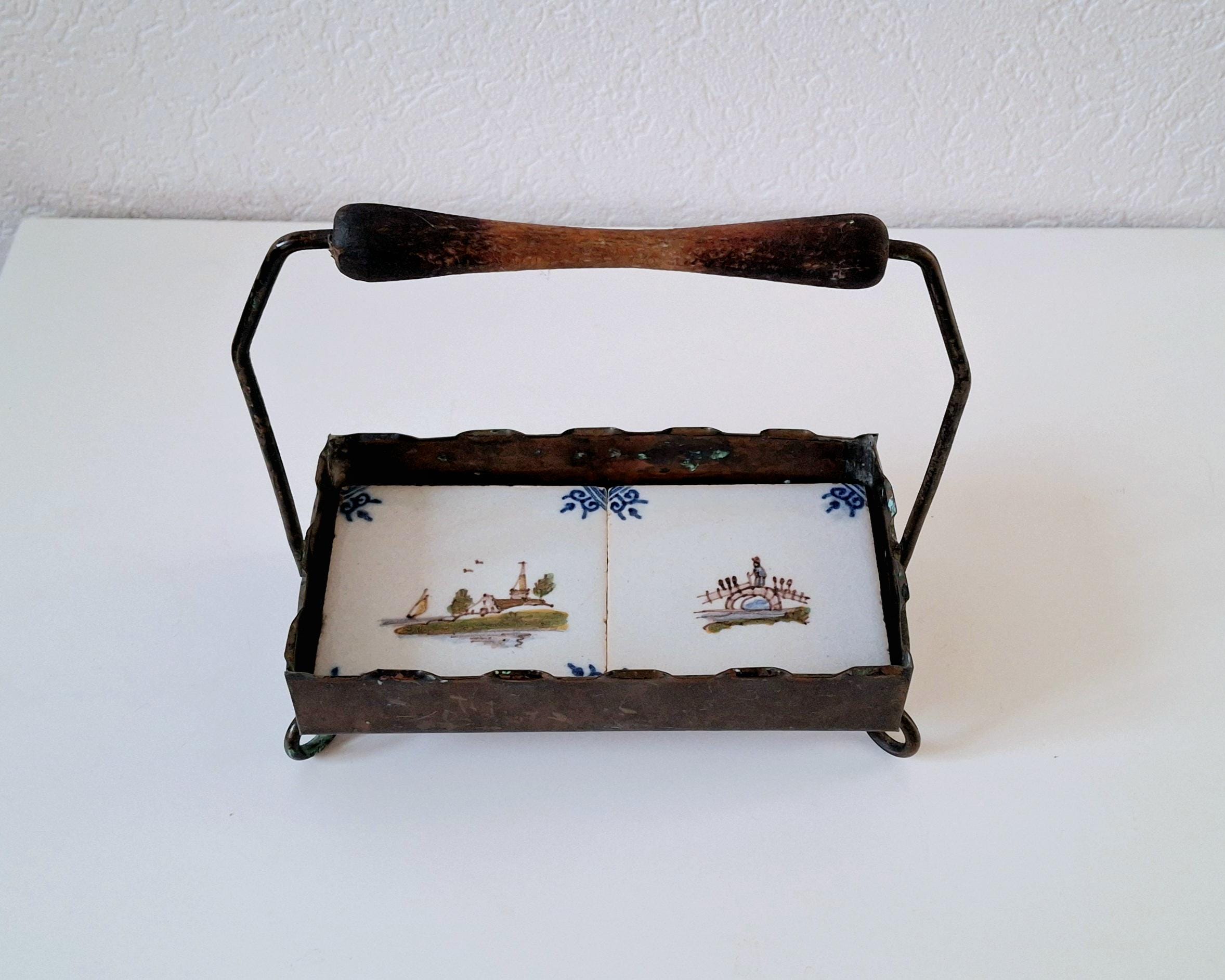 Antique ceramic-lined metal basket, tray with the Delft tiles