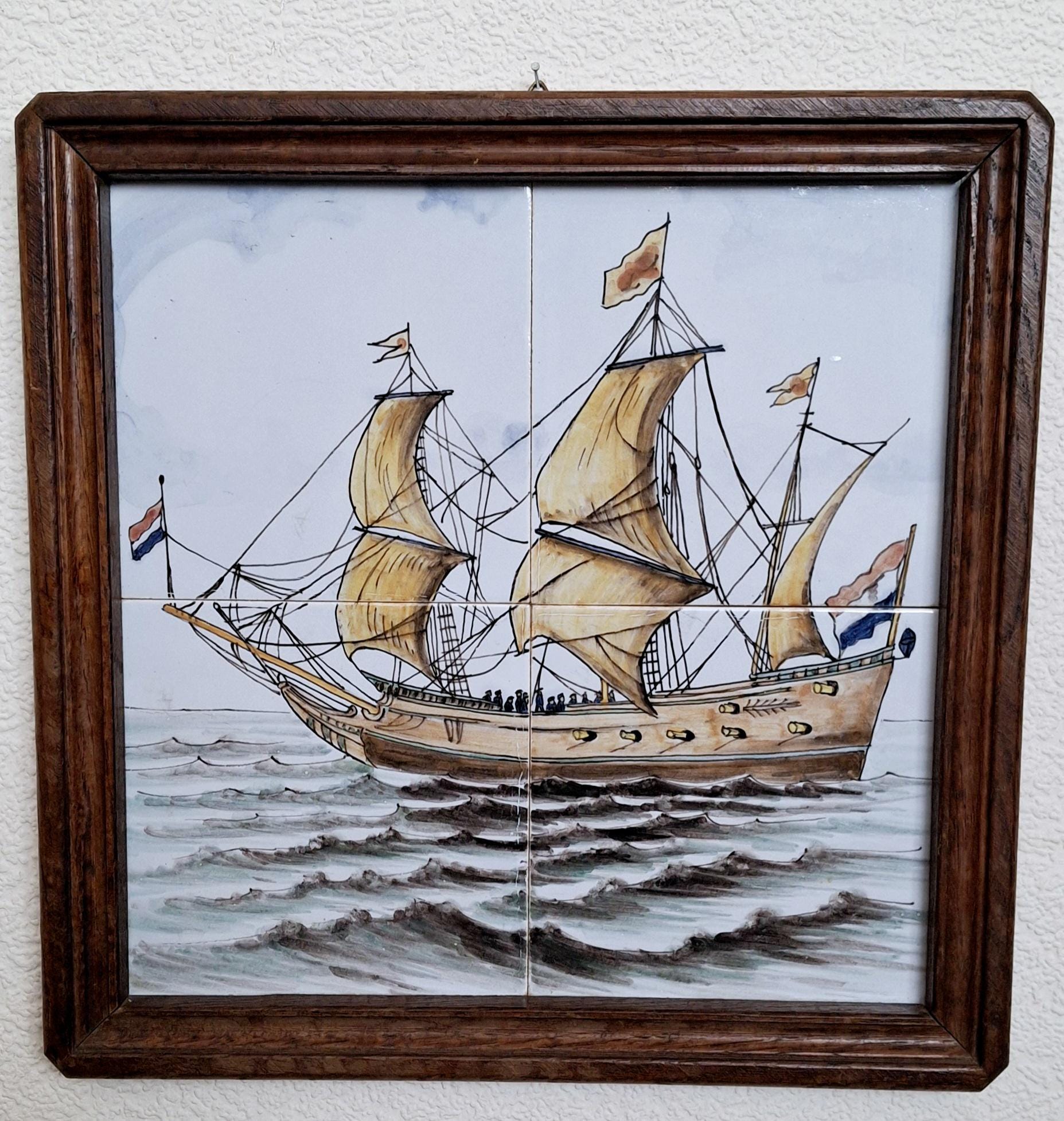 Rare hand-painted framed tile artwork, Dutch sailing ship, ceramic maritime scene