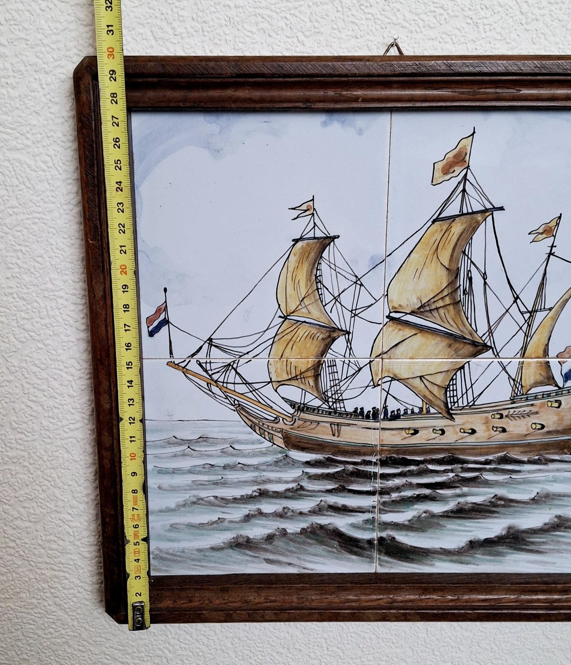 Rare hand-painted framed tile artwork, Dutch sailing ship, ceramic maritime scene