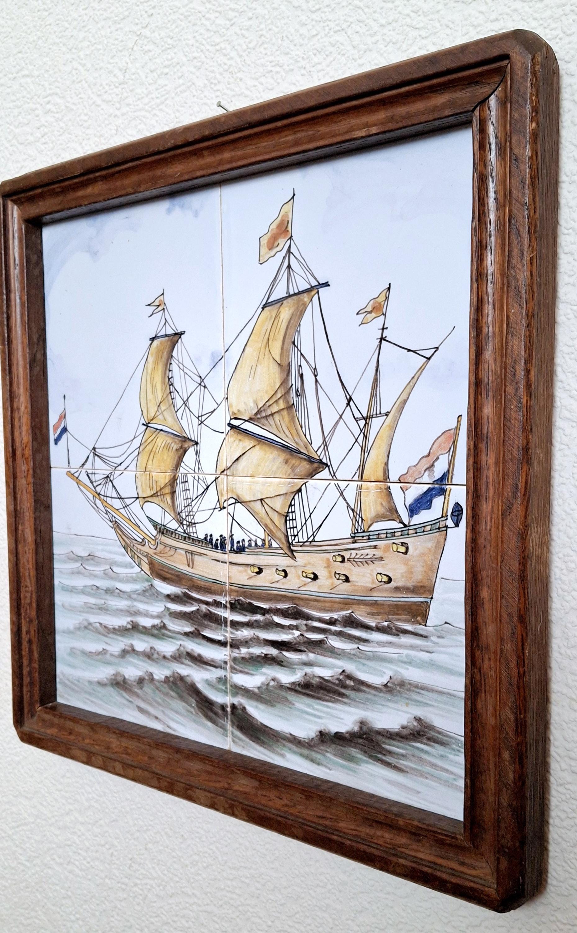 Rare hand-painted framed tile artwork, Dutch sailing ship, ceramic maritime scene