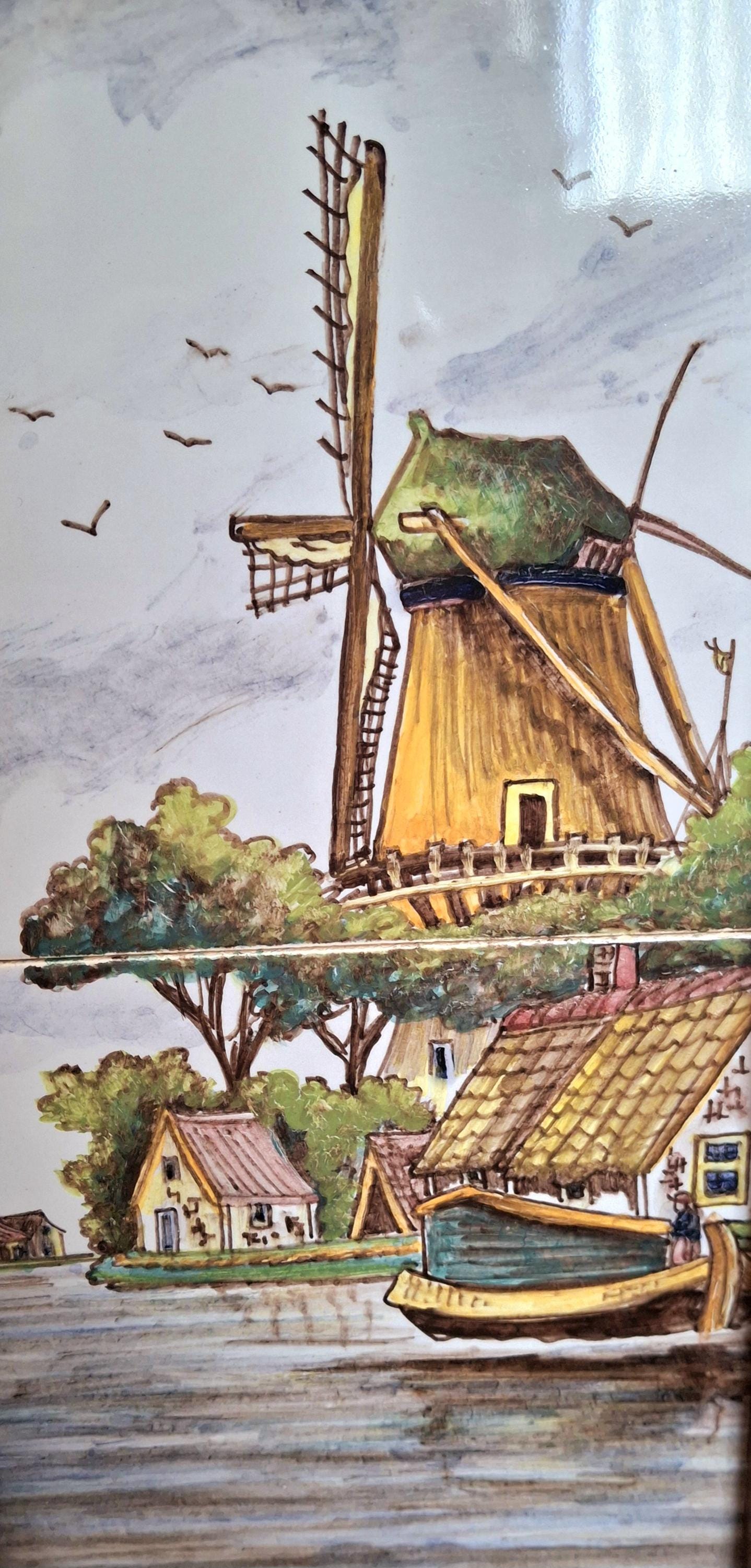 Hand painted Dutch ceramic tile panel, traditional Dutch windmill and waterside village scene