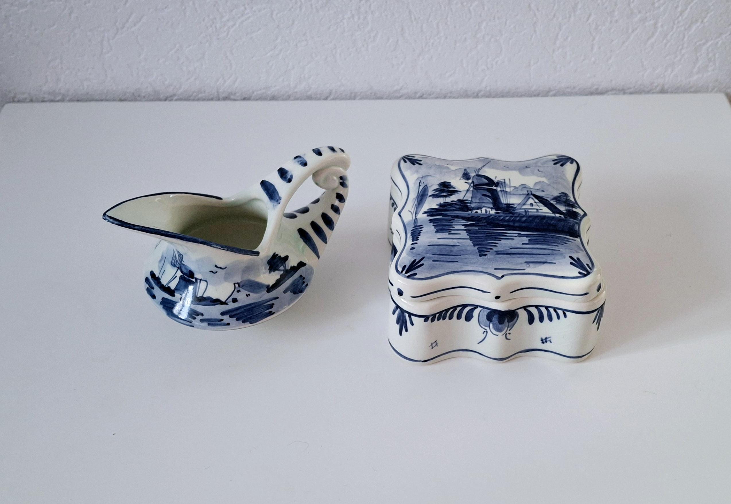 Vintage Delft Blue set, Butter dish & creamer/sauce boat, Delft box and pitcher