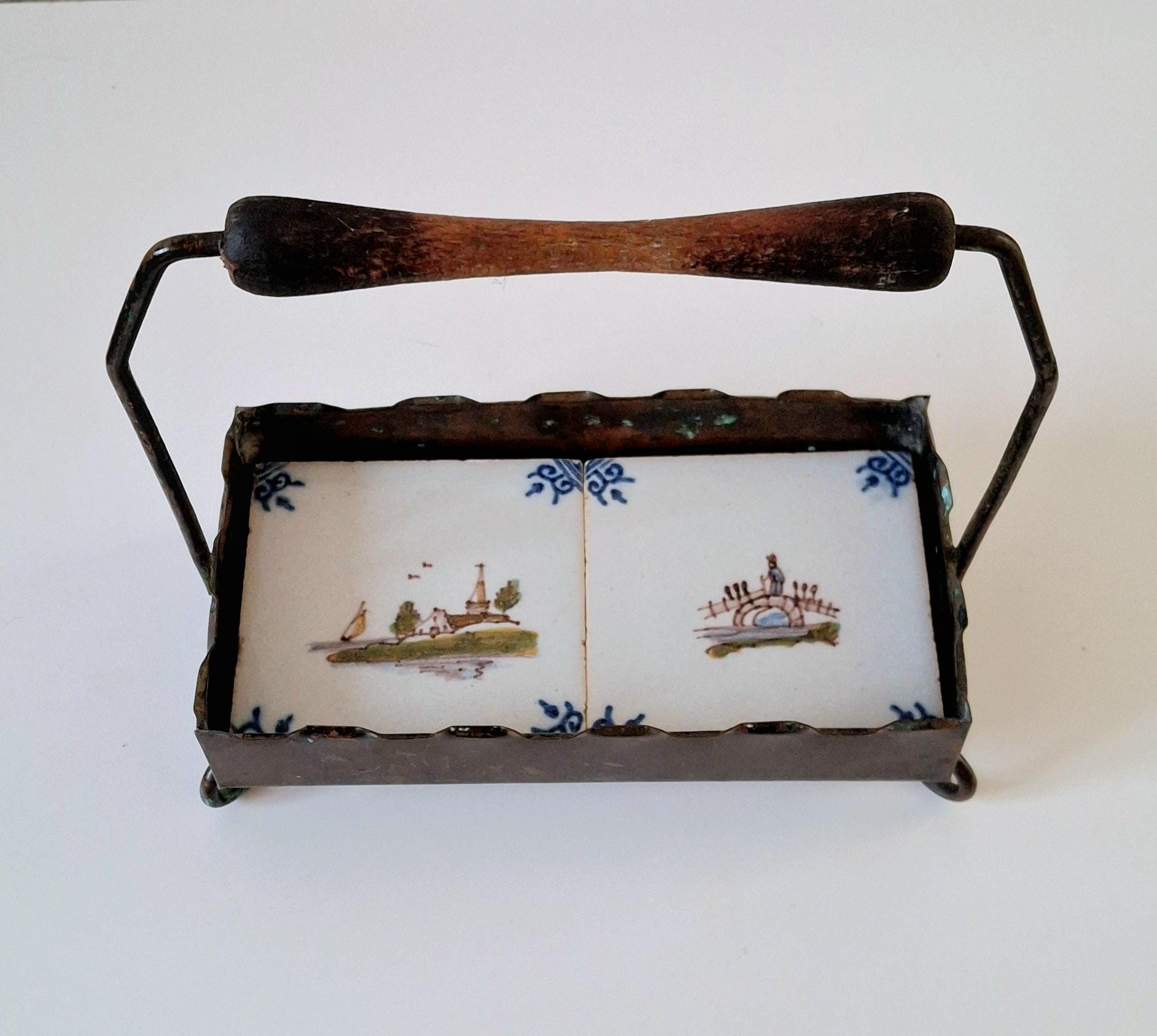 Antique ceramic-lined metal basket, tray with the Delft tiles