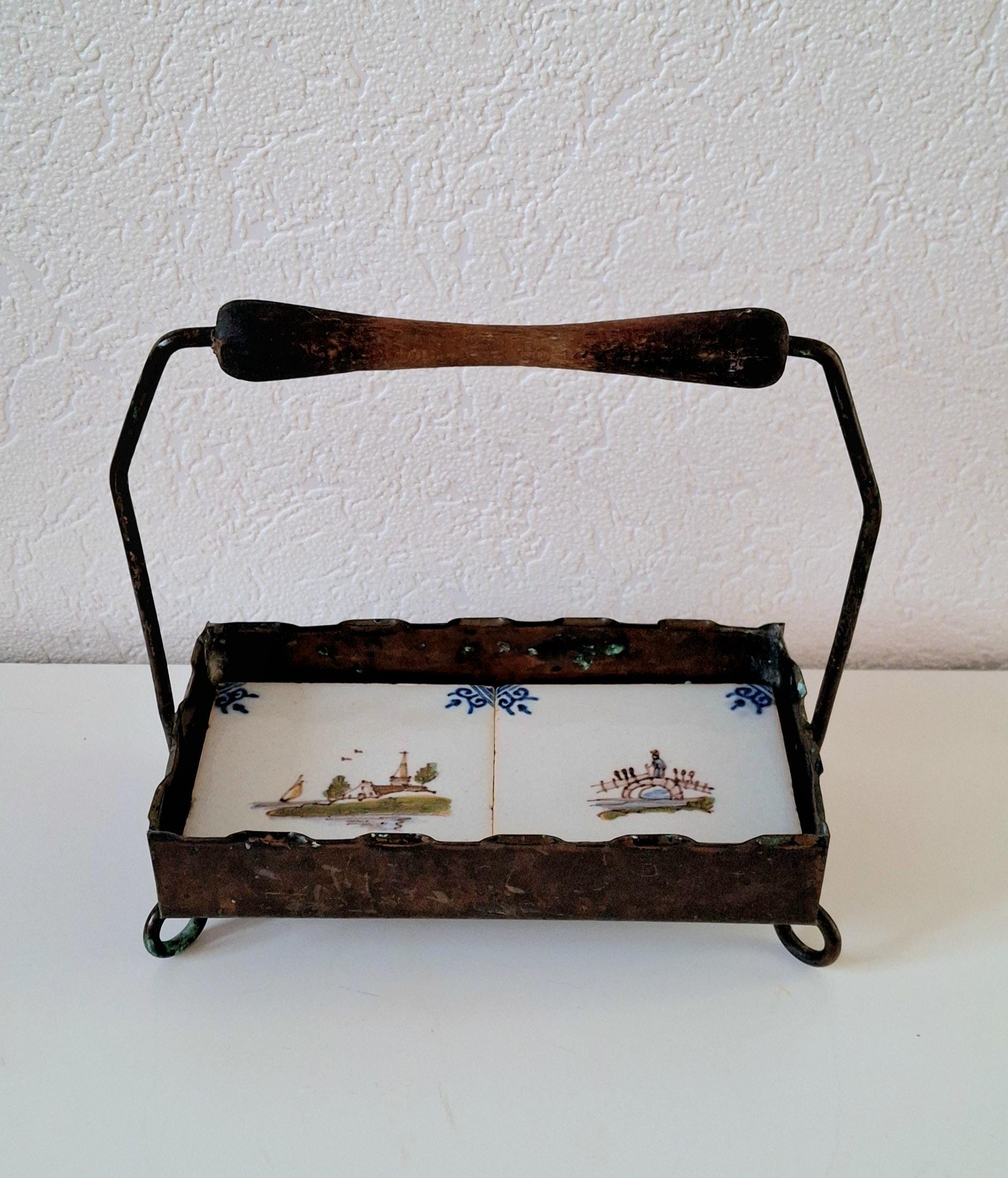 Antique ceramic-lined metal basket, tray with the Delft tiles