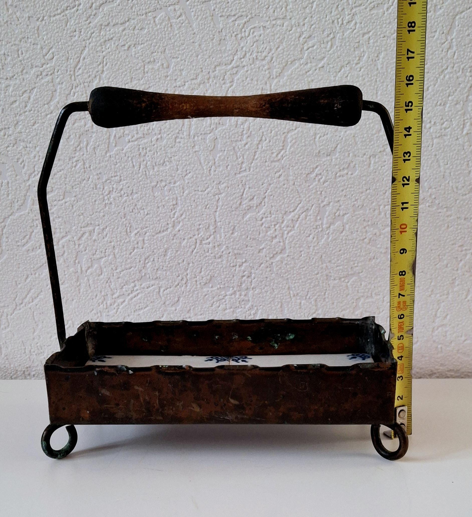 Antique ceramic-lined metal basket, tray with the Delft tiles