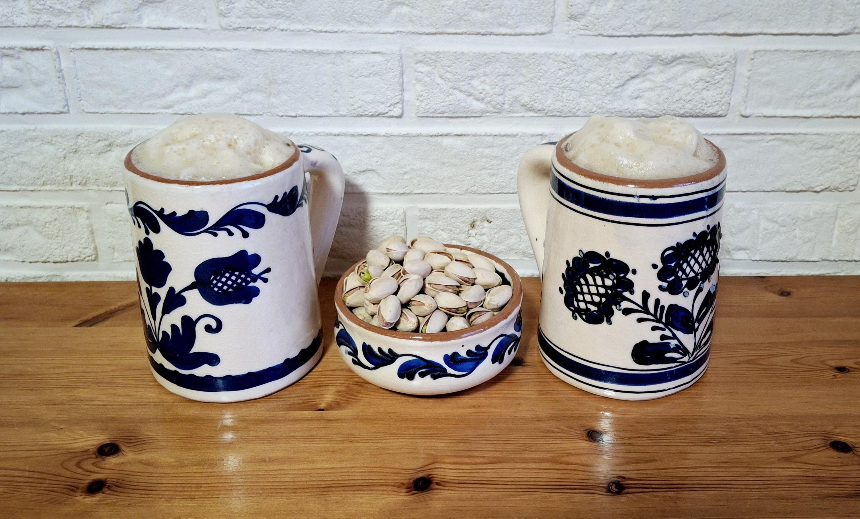 Ceramic beer set, beer mugs and bowl with blue floral design